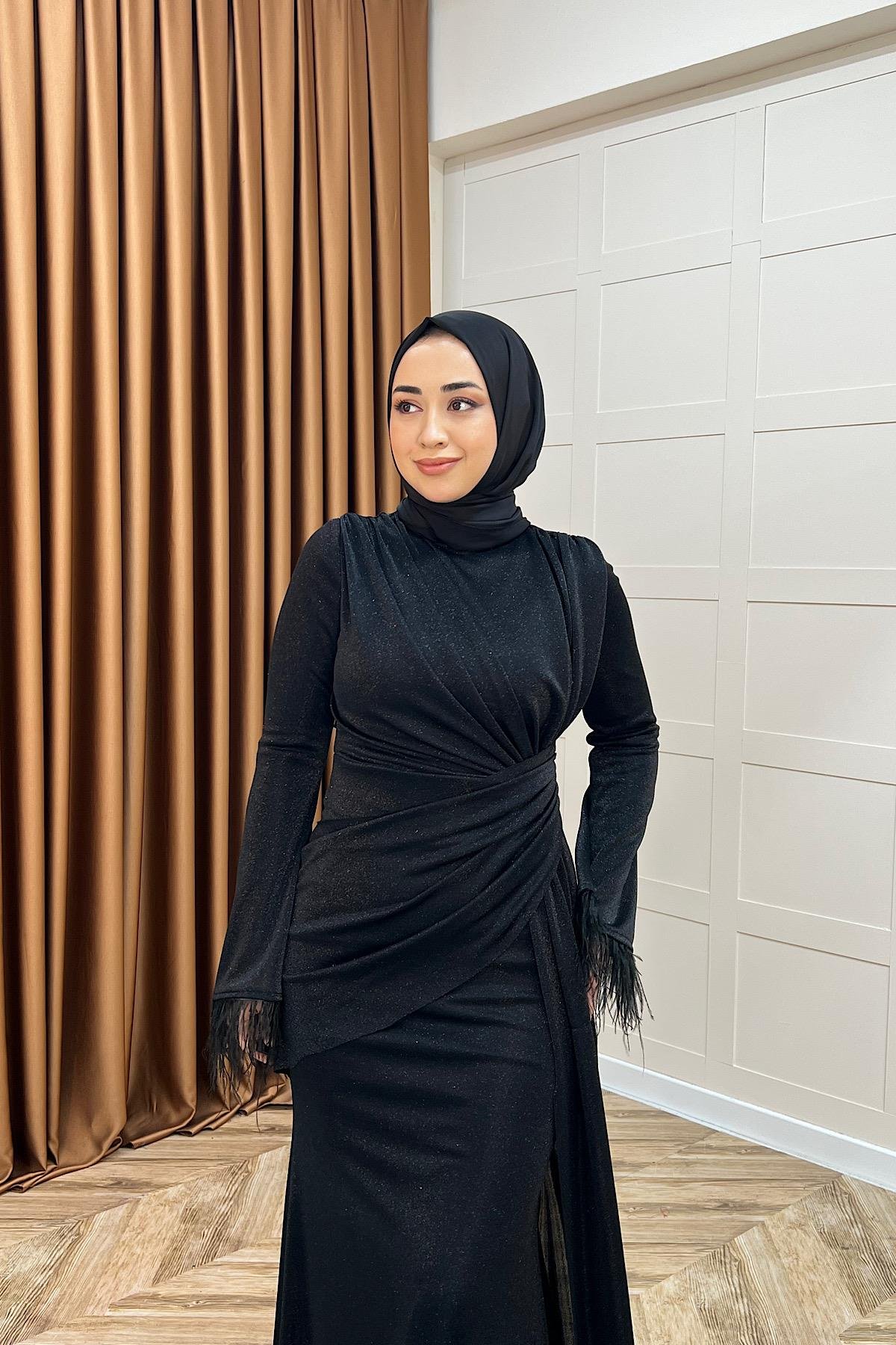 Rosalin Tüy Detay Abiye Siyah
