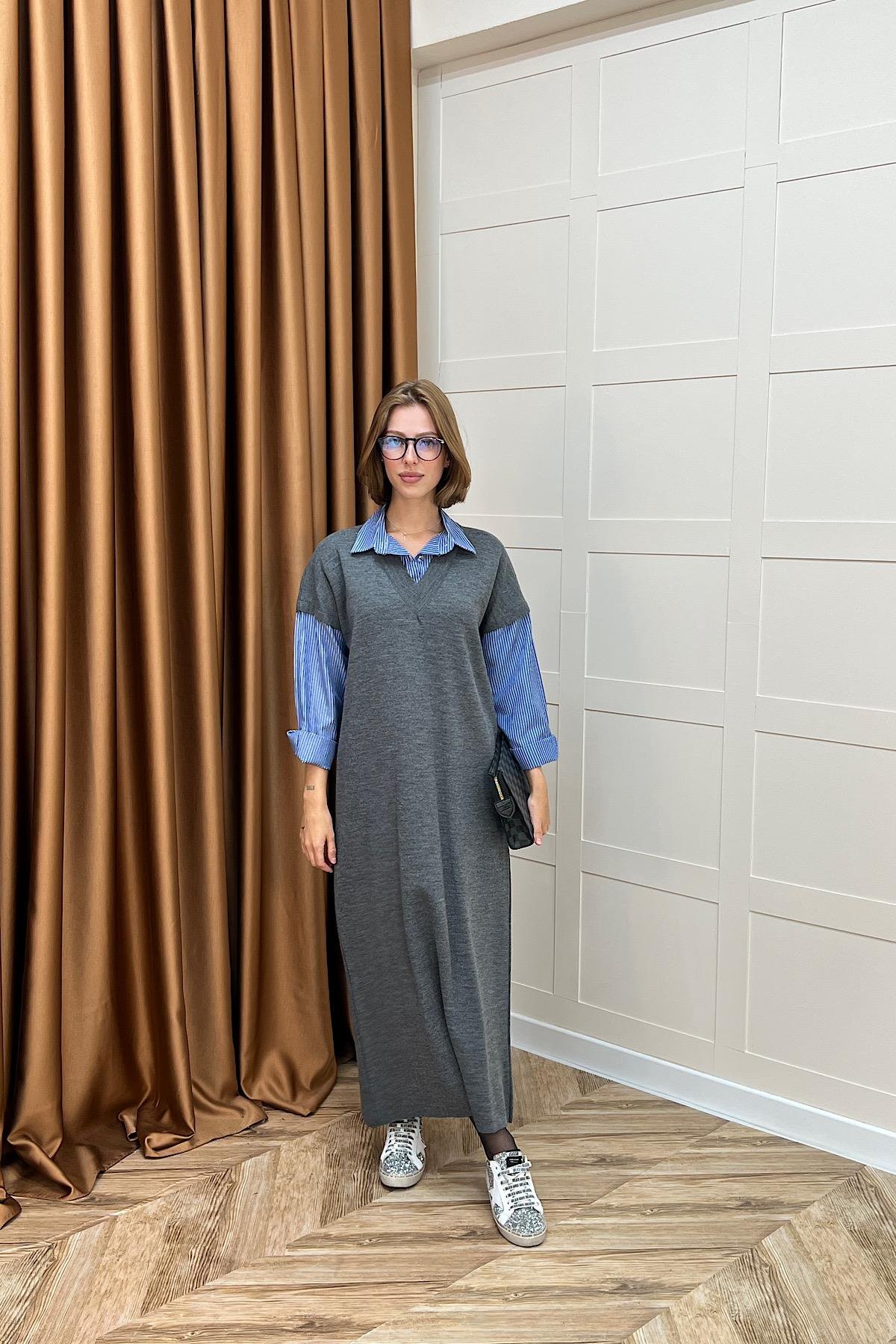 Samira Gömlek Detaylı Triko Elbise Gri