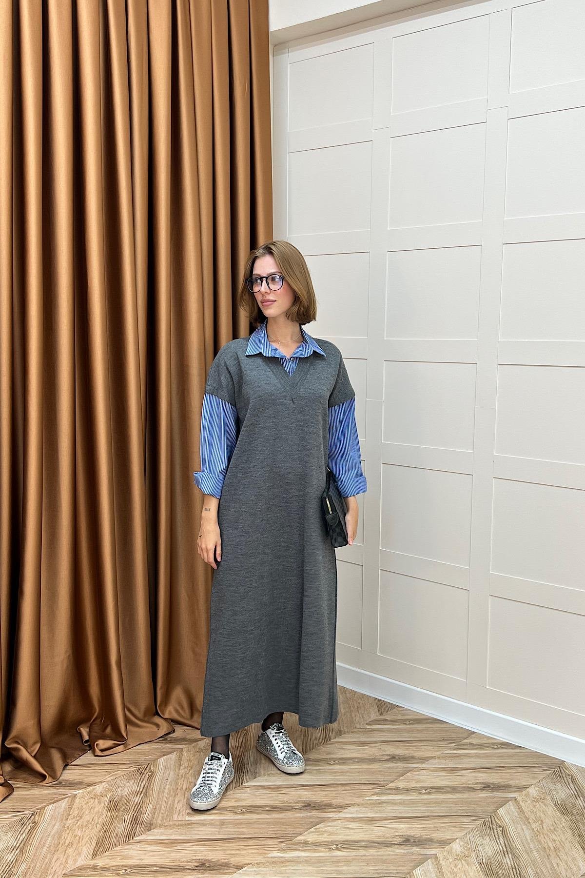 Samira Gömlek Detaylı Triko Elbise Gri