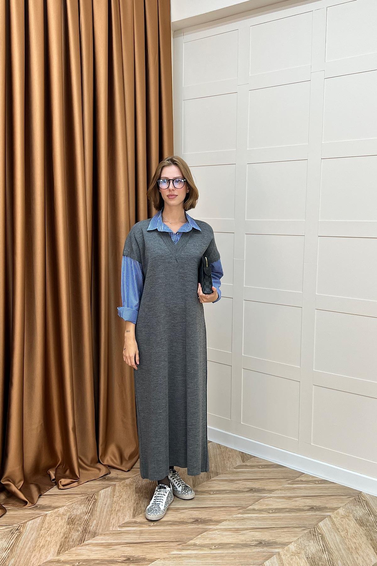 Samira Gömlek Detaylı Triko Elbise Gri