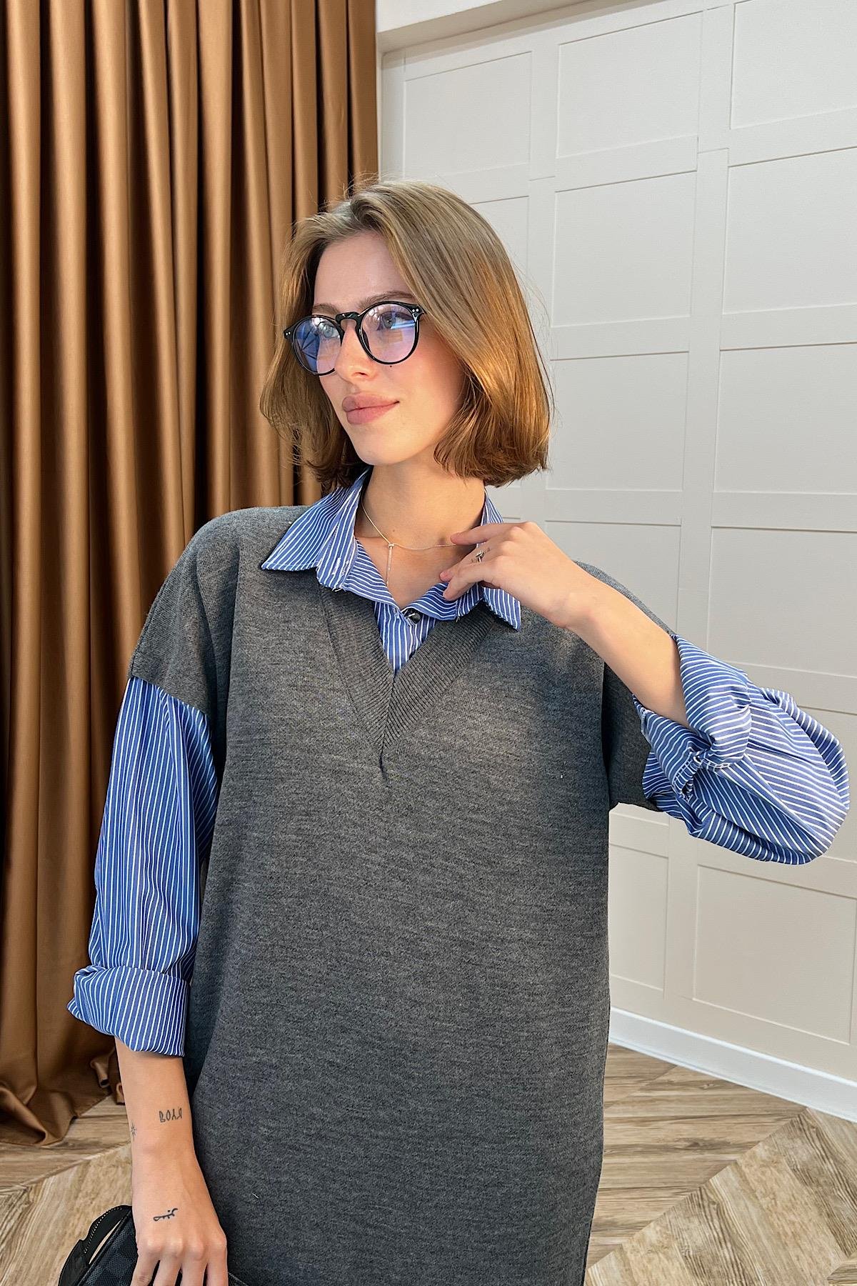 Samira Gömlek Detaylı Triko Elbise Gri