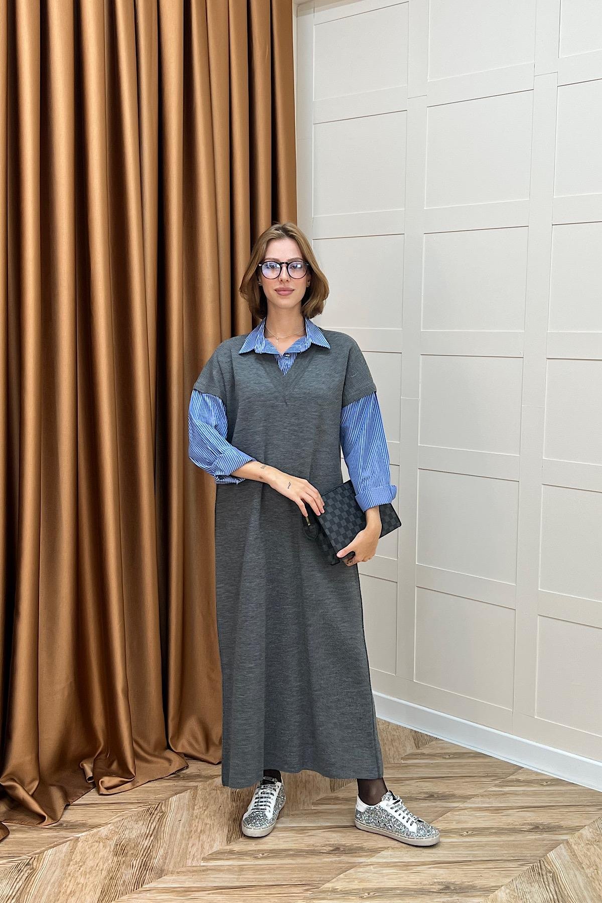 Samira Gömlek Detaylı Triko Elbise Gri