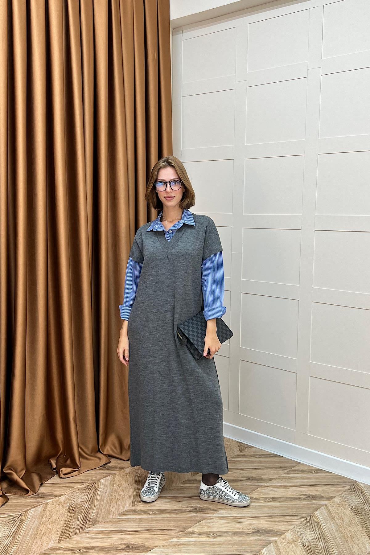 Samira Gömlek Detaylı Triko Elbise Gri