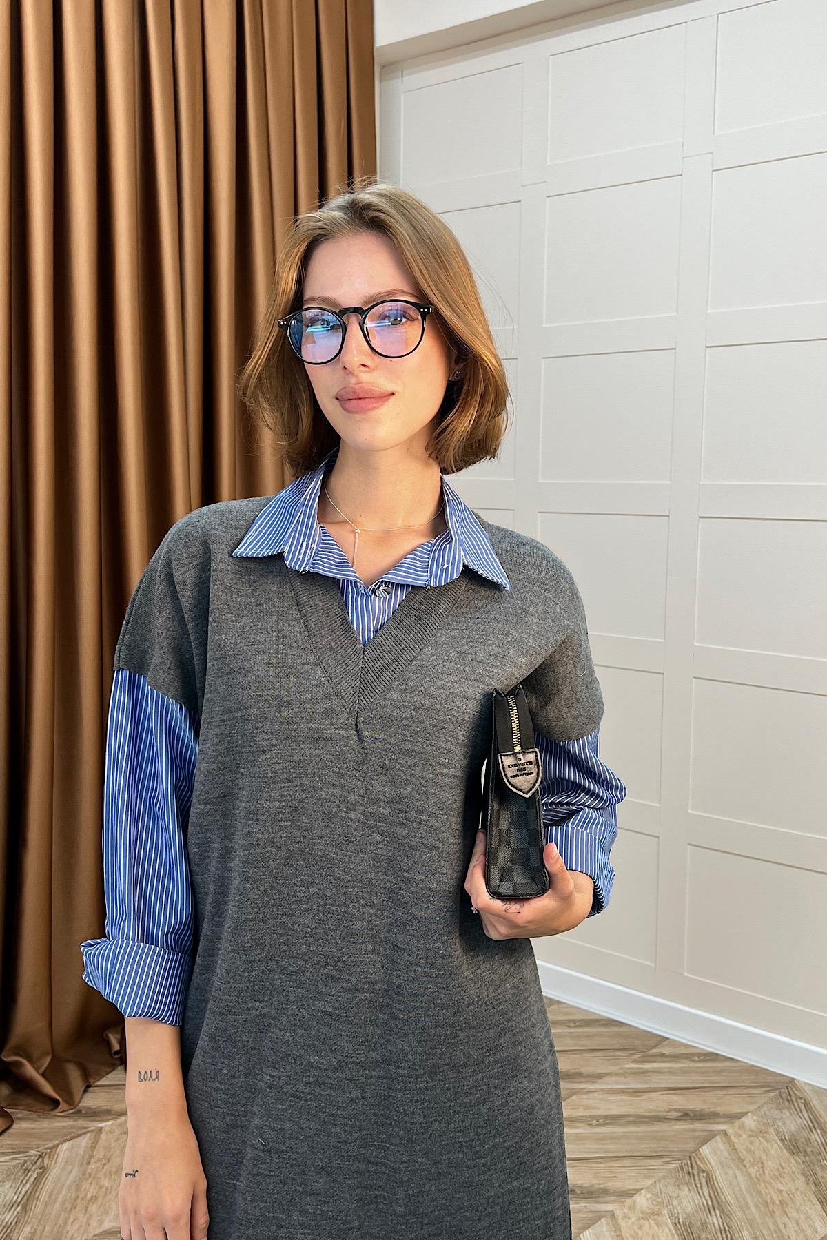 Samira Gömlek Detaylı Triko Elbise Gri