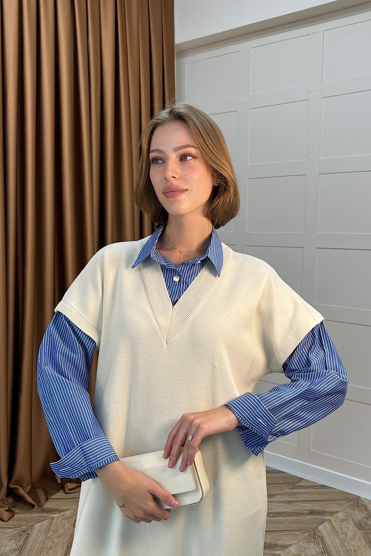 Samira Gömlek Detaylı Triko Elbise Krem