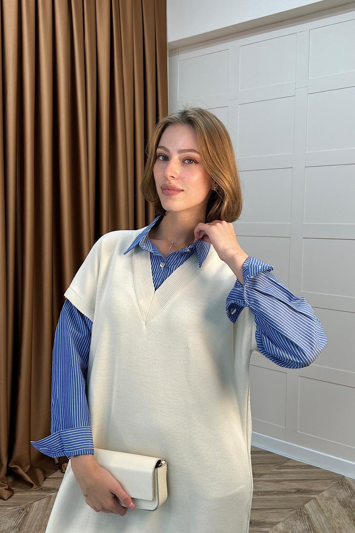 Samira Gömlek Detaylı Triko Elbise Krem