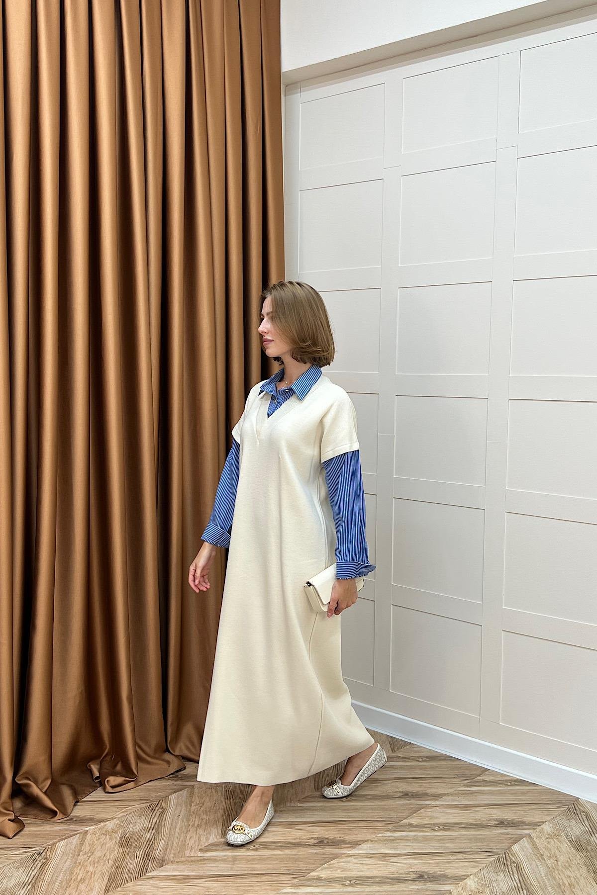 Samira Gömlek Detaylı Triko Elbise Krem