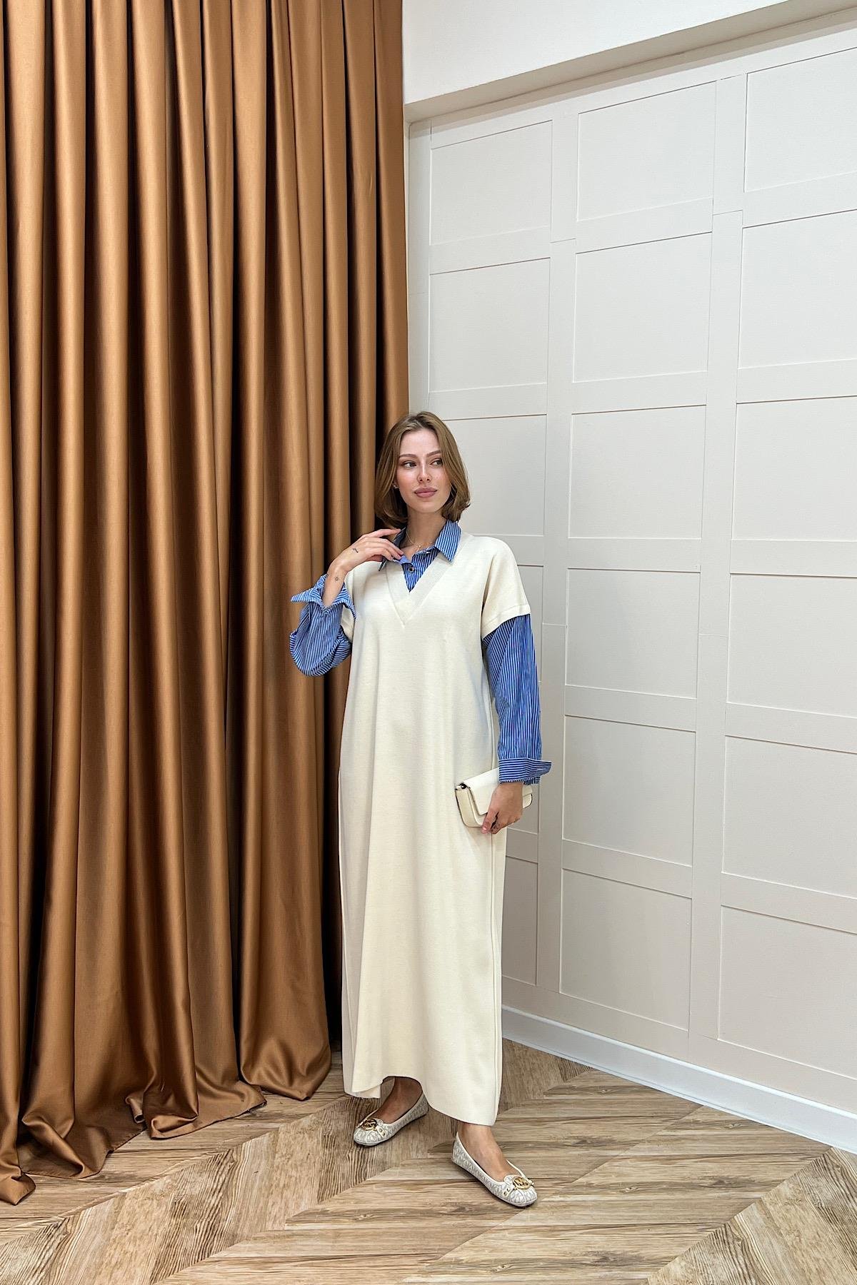 Samira Gömlek Detaylı Triko Elbise Krem