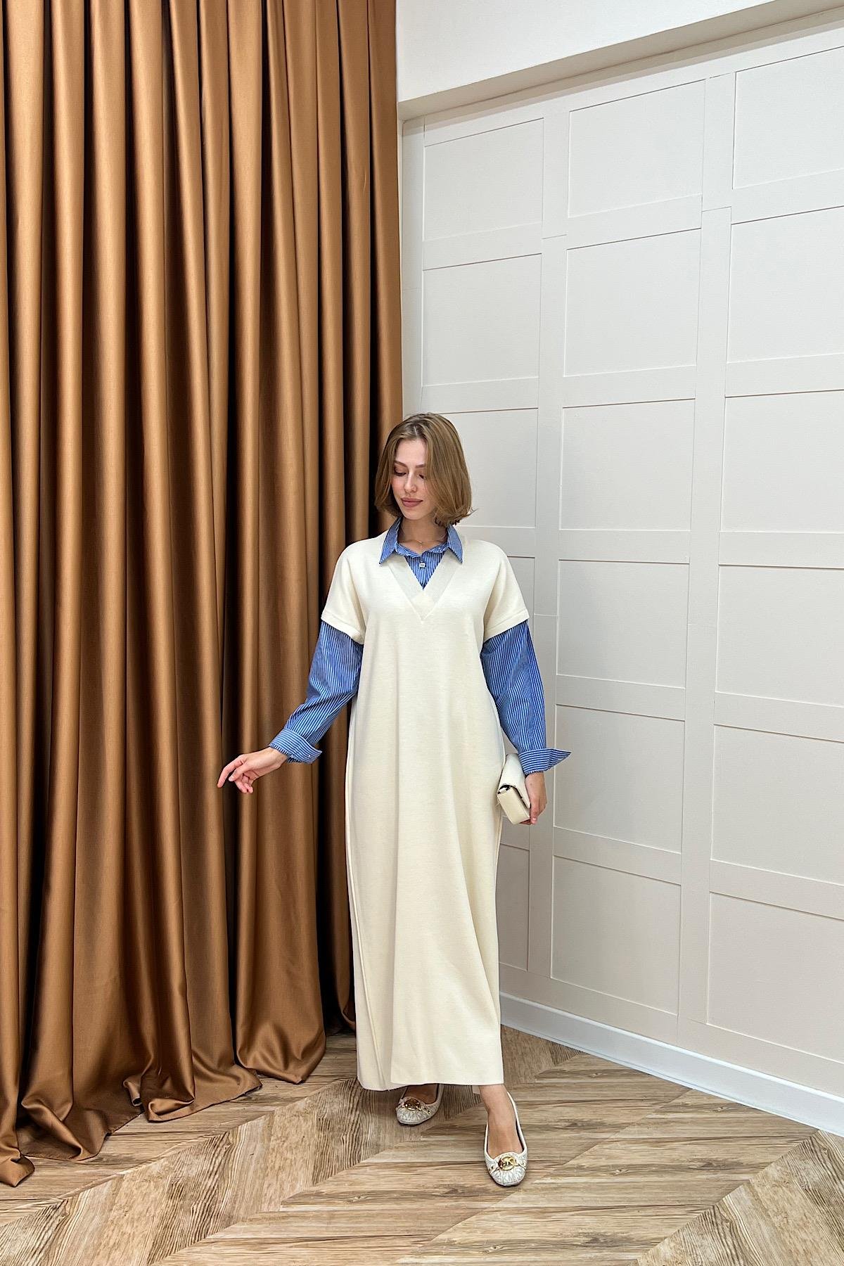 Samira Gömlek Detaylı Triko Elbise Krem