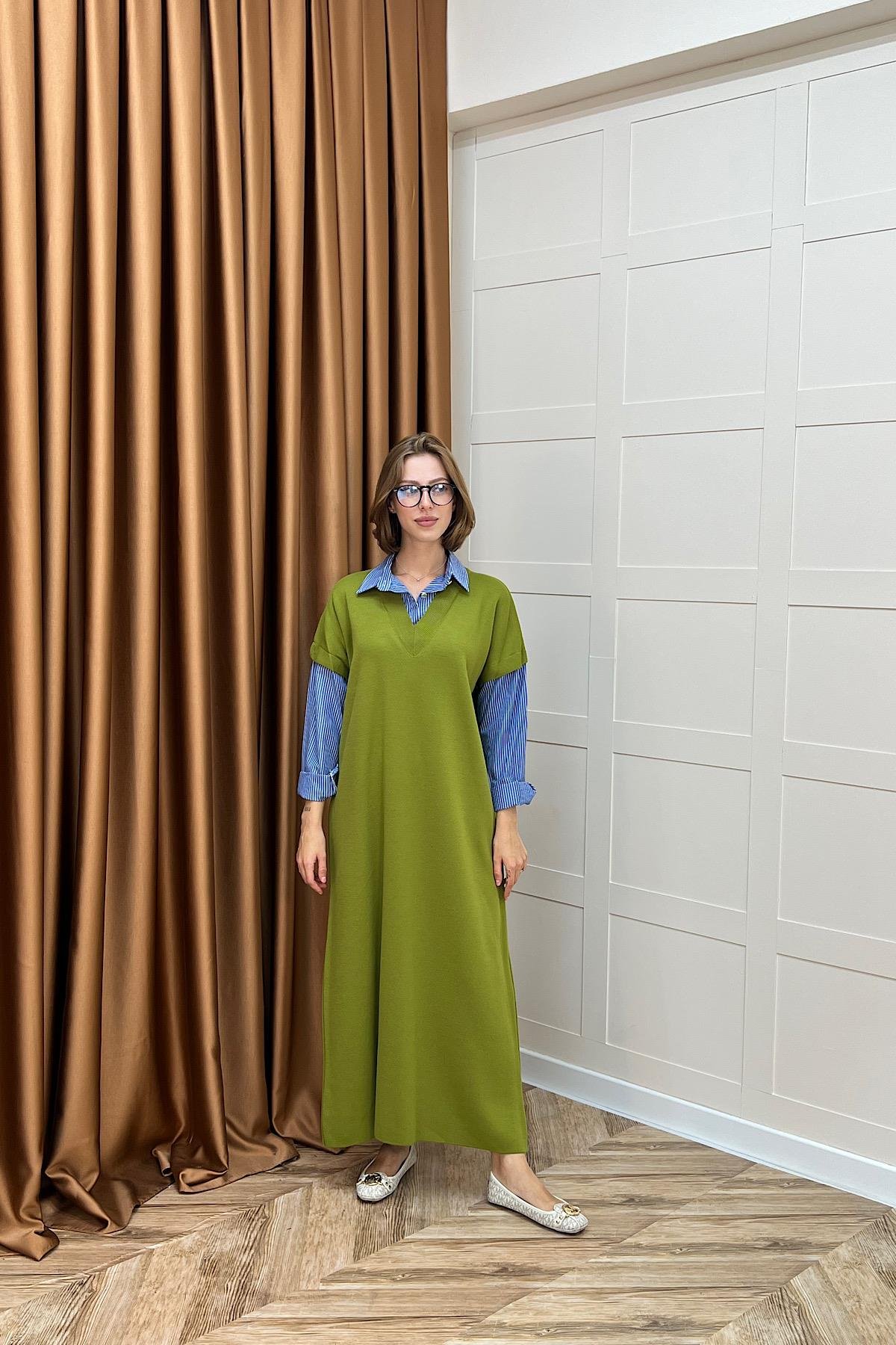 Samira Gömlek Detaylı Triko Elbise Yağ Yeşili