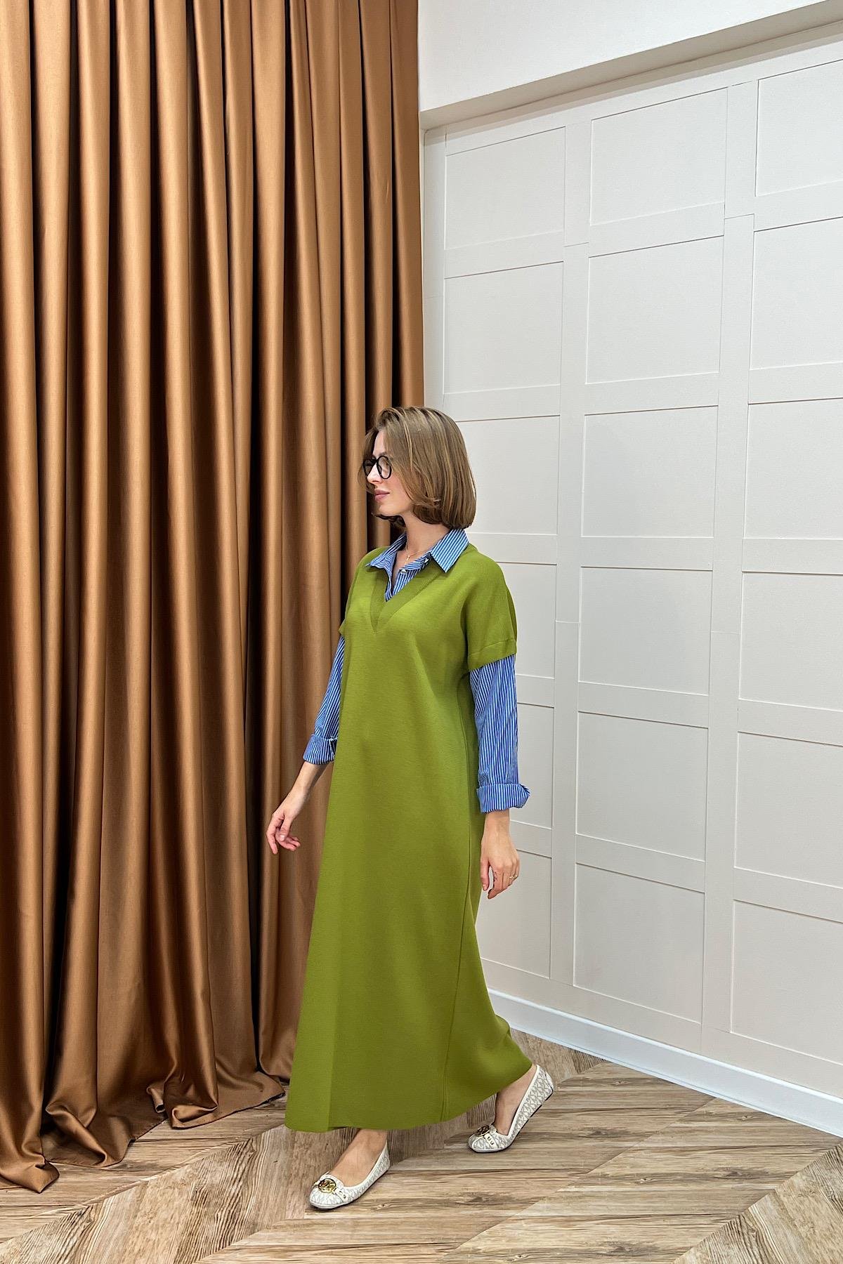 Samira Gömlek Detaylı Triko Elbise Yağ Yeşili