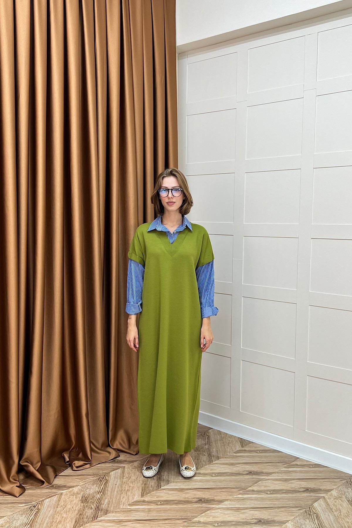 Samira Gömlek Detaylı Triko Elbise Yağ Yeşili