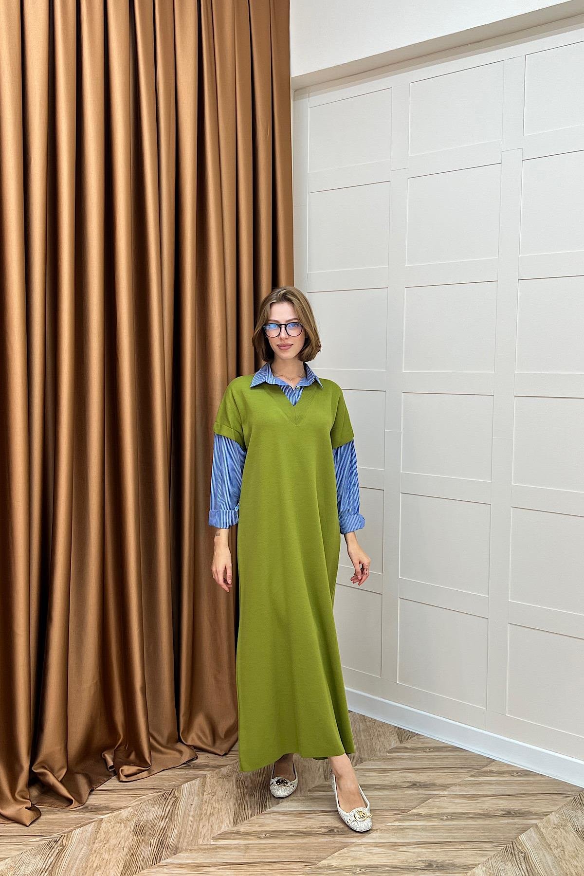 Samira Gömlek Detaylı Triko Elbise Yağ Yeşili