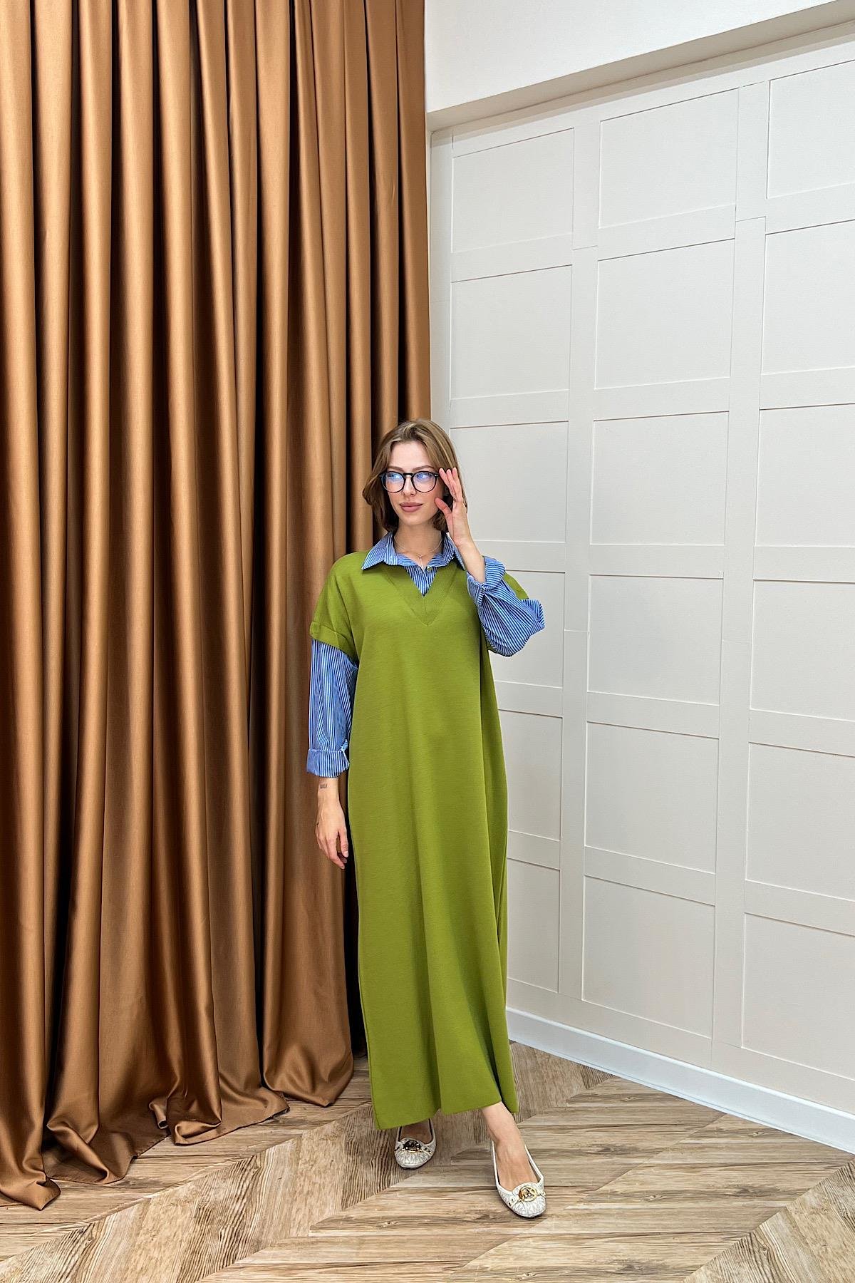 Samira Gömlek Detaylı Triko Elbise Yağ Yeşili