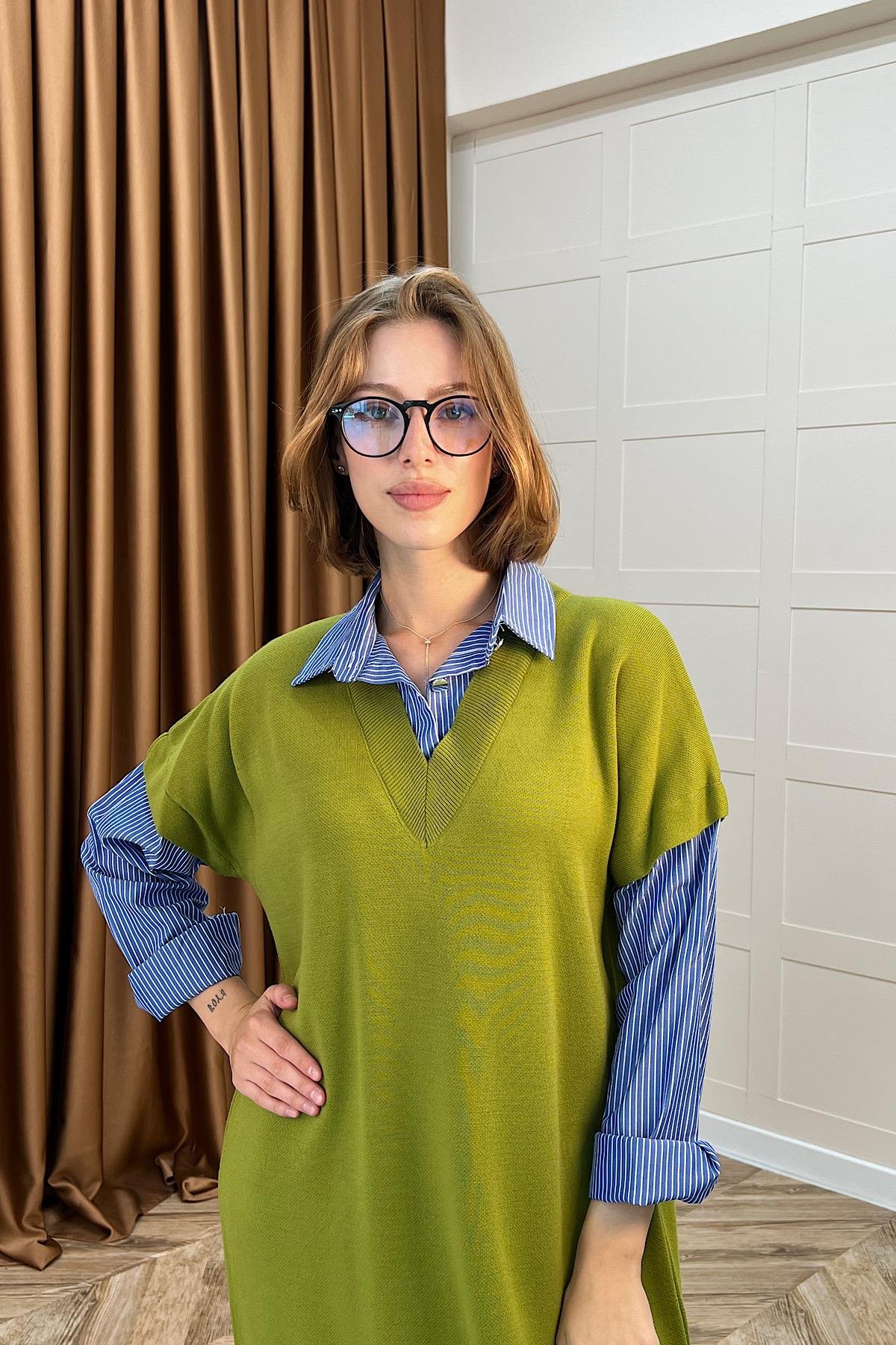 Samira Gömlek Detaylı Triko Elbise Yağ Yeşili