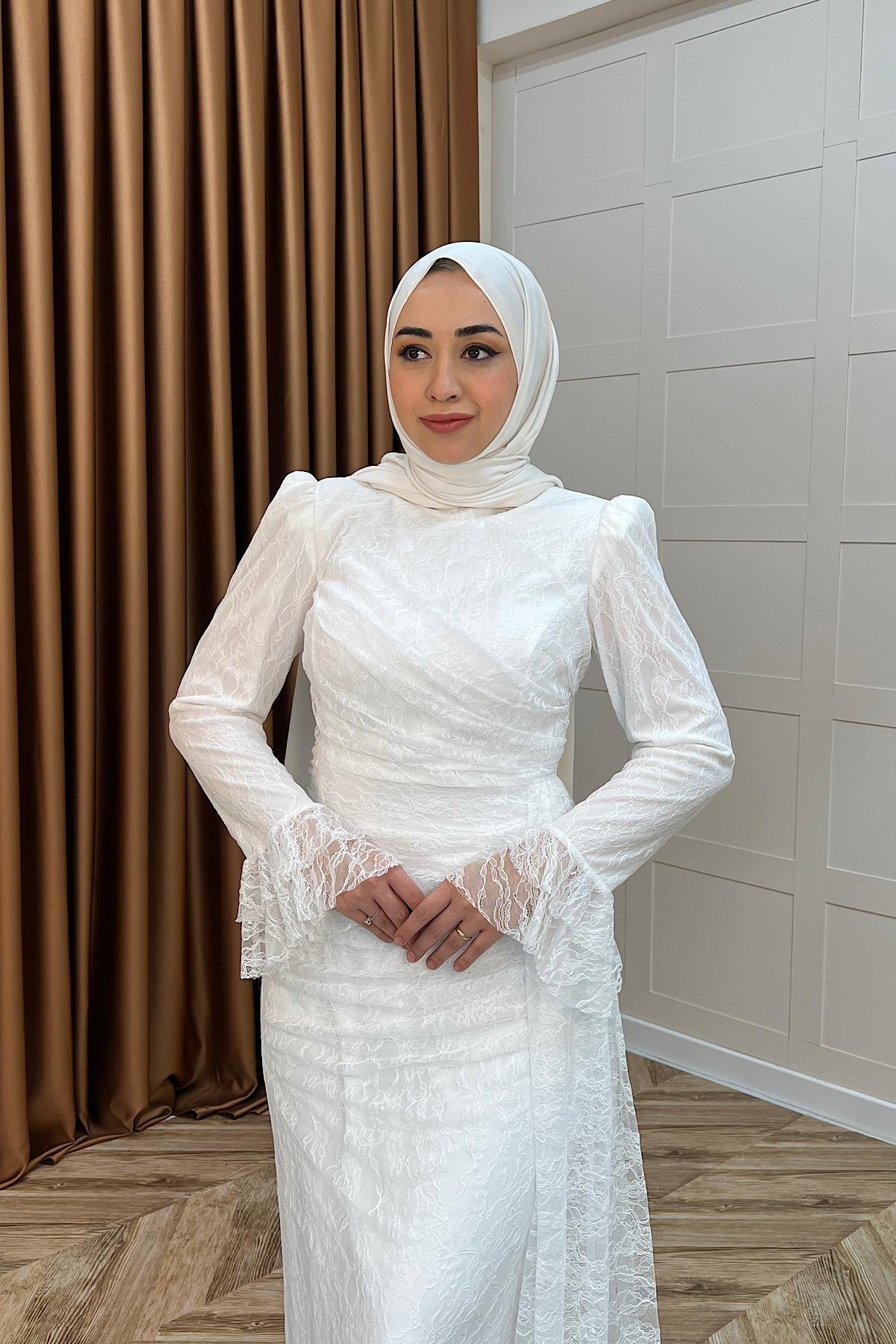 Serena Dantel Balık Abiye Beyaz