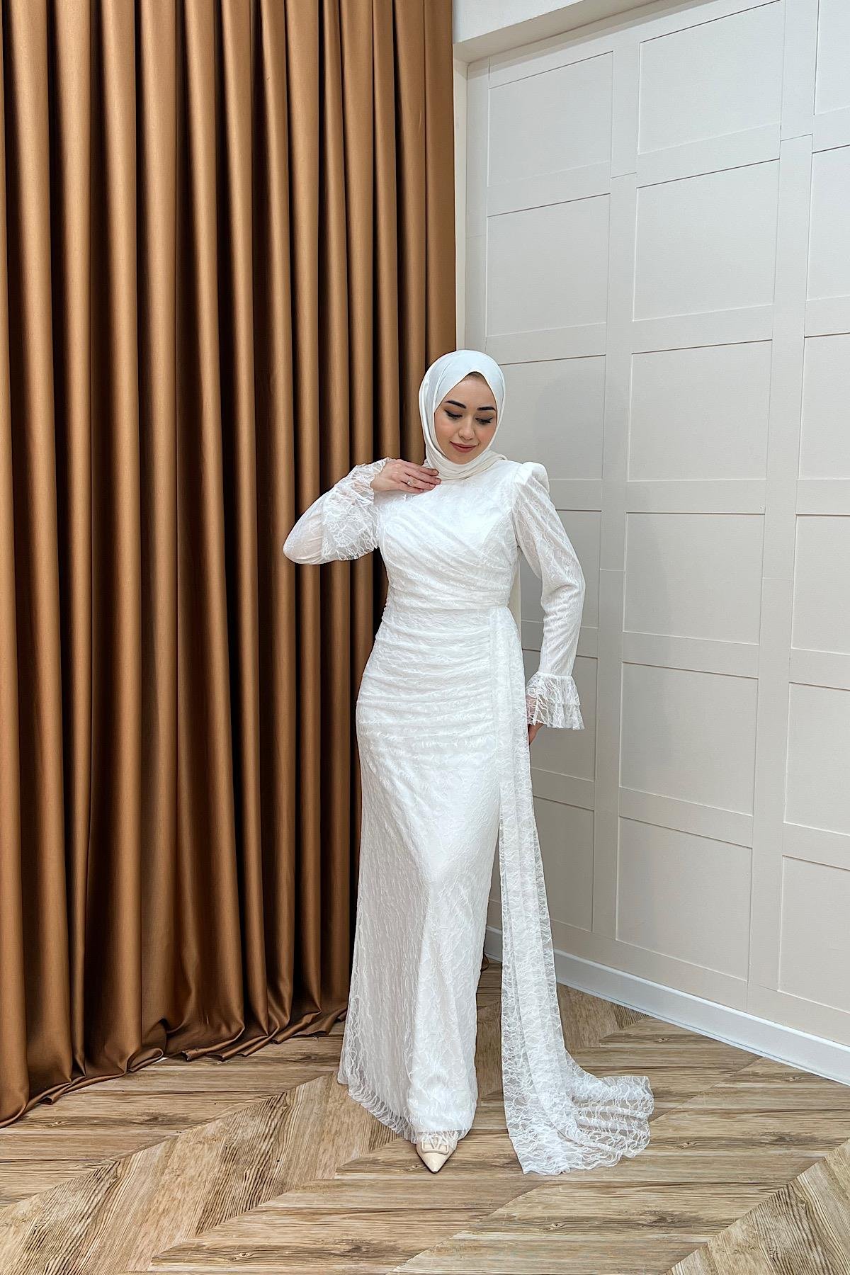 Serena Dantel Balık Abiye Beyaz