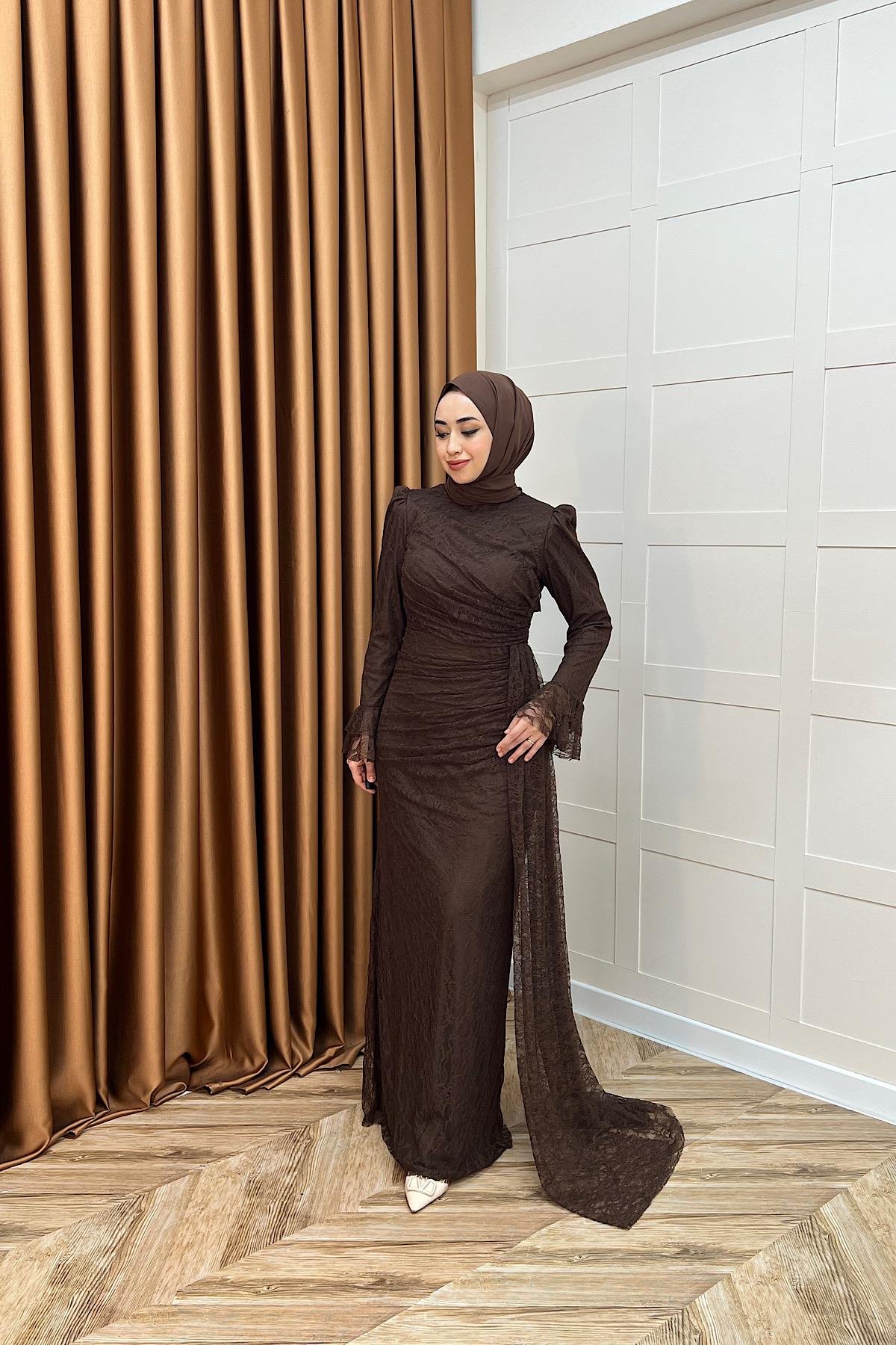 Serena Dantel Balık Abiye Kahverengi