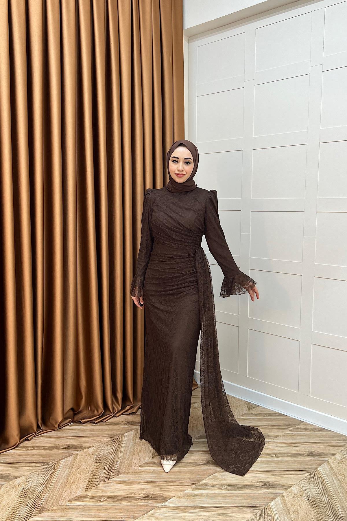 Serena Dantel Balık Abiye Kahverengi