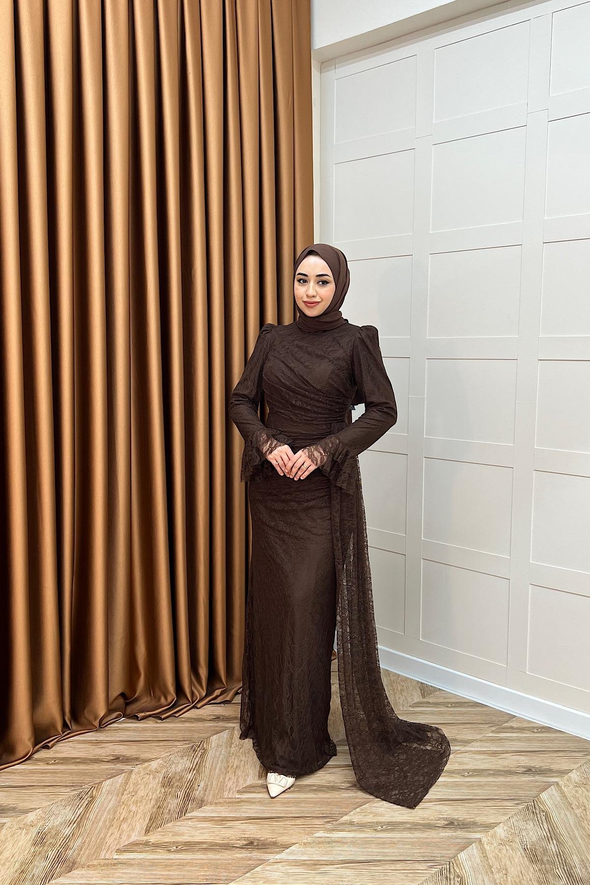 Serena Dantel Balık Abiye Kahverengi