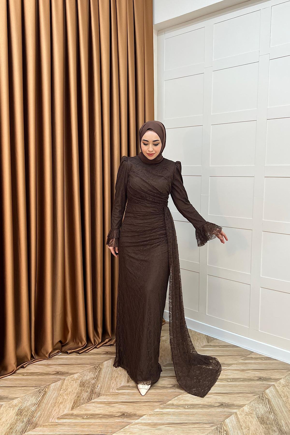 Serena Dantel Balık Abiye Kahverengi