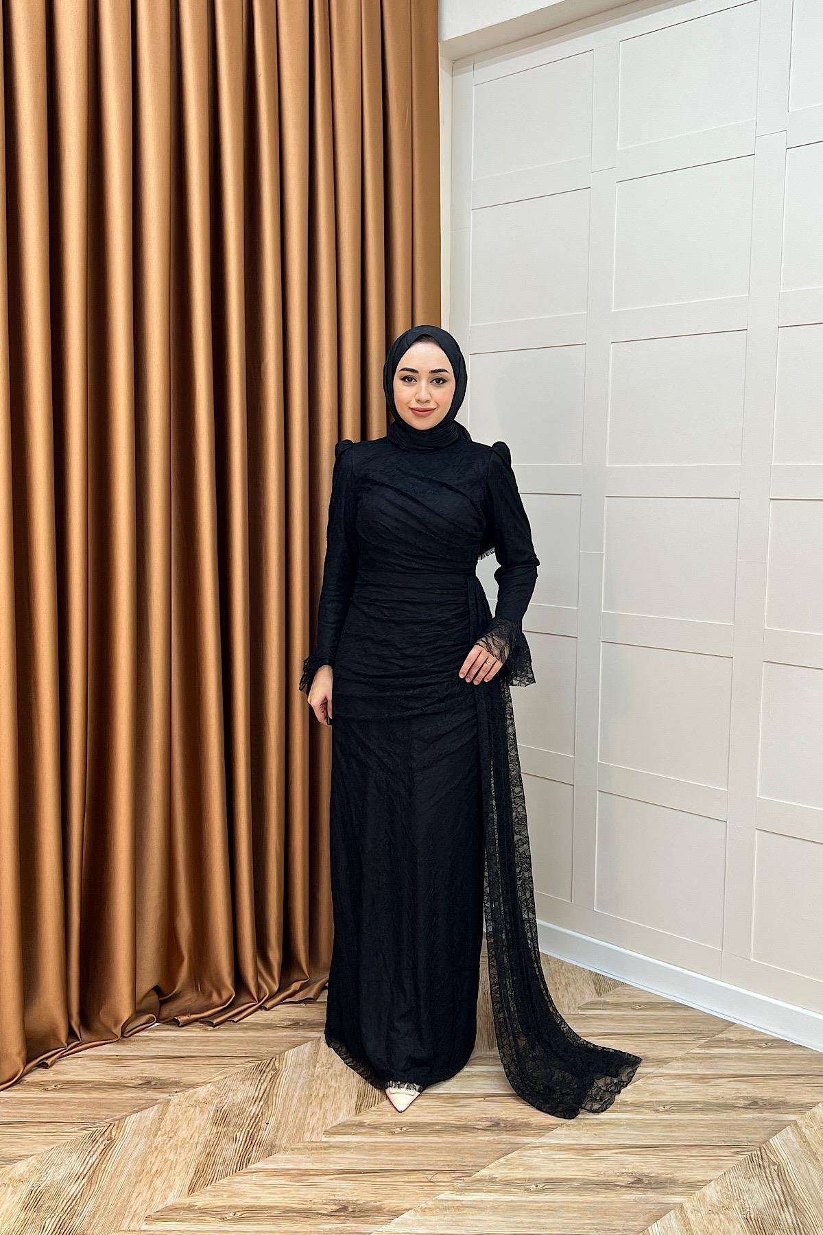 Serena Dantel Balık Abiye Siyah