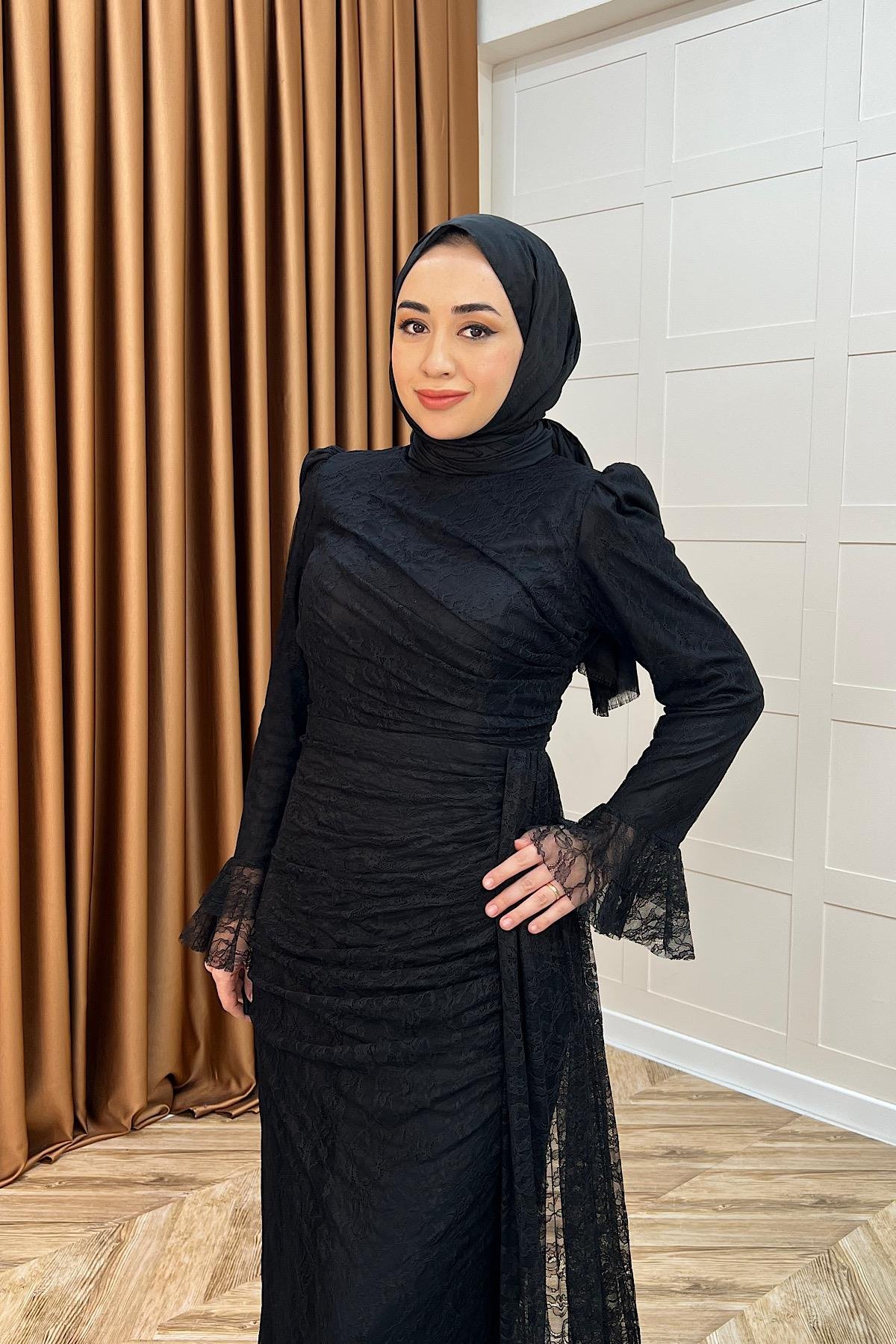 Serena Dantel Balık Abiye Siyah