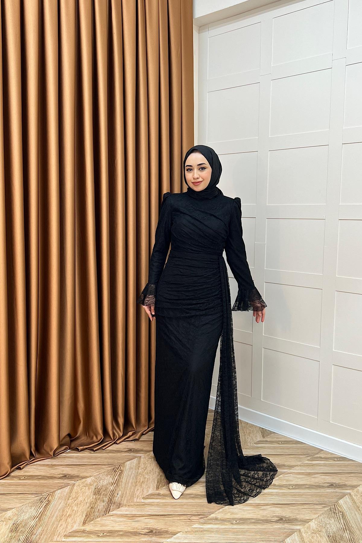 Serena Dantel Balık Abiye Siyah