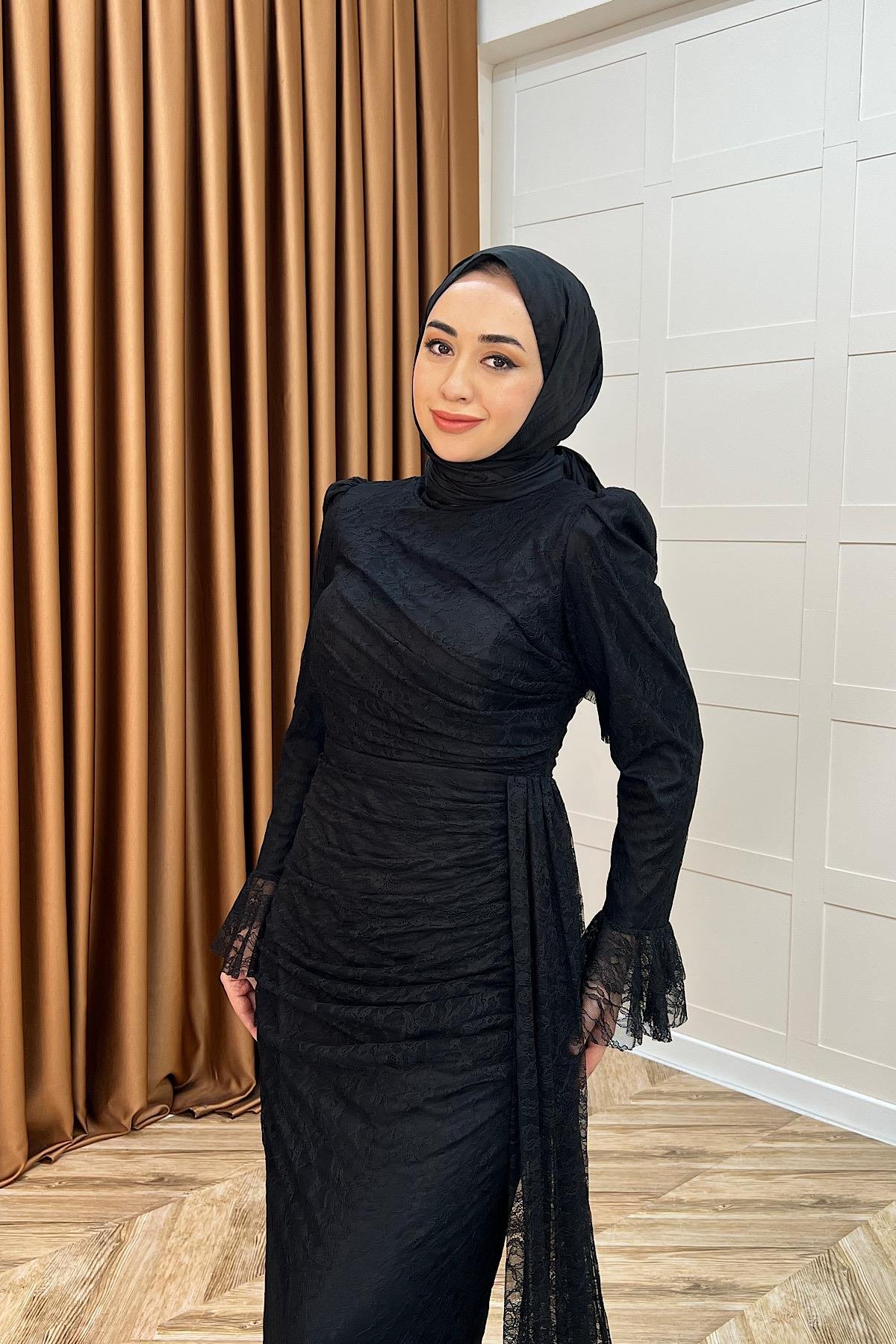 Serena Dantel Balık Abiye Siyah