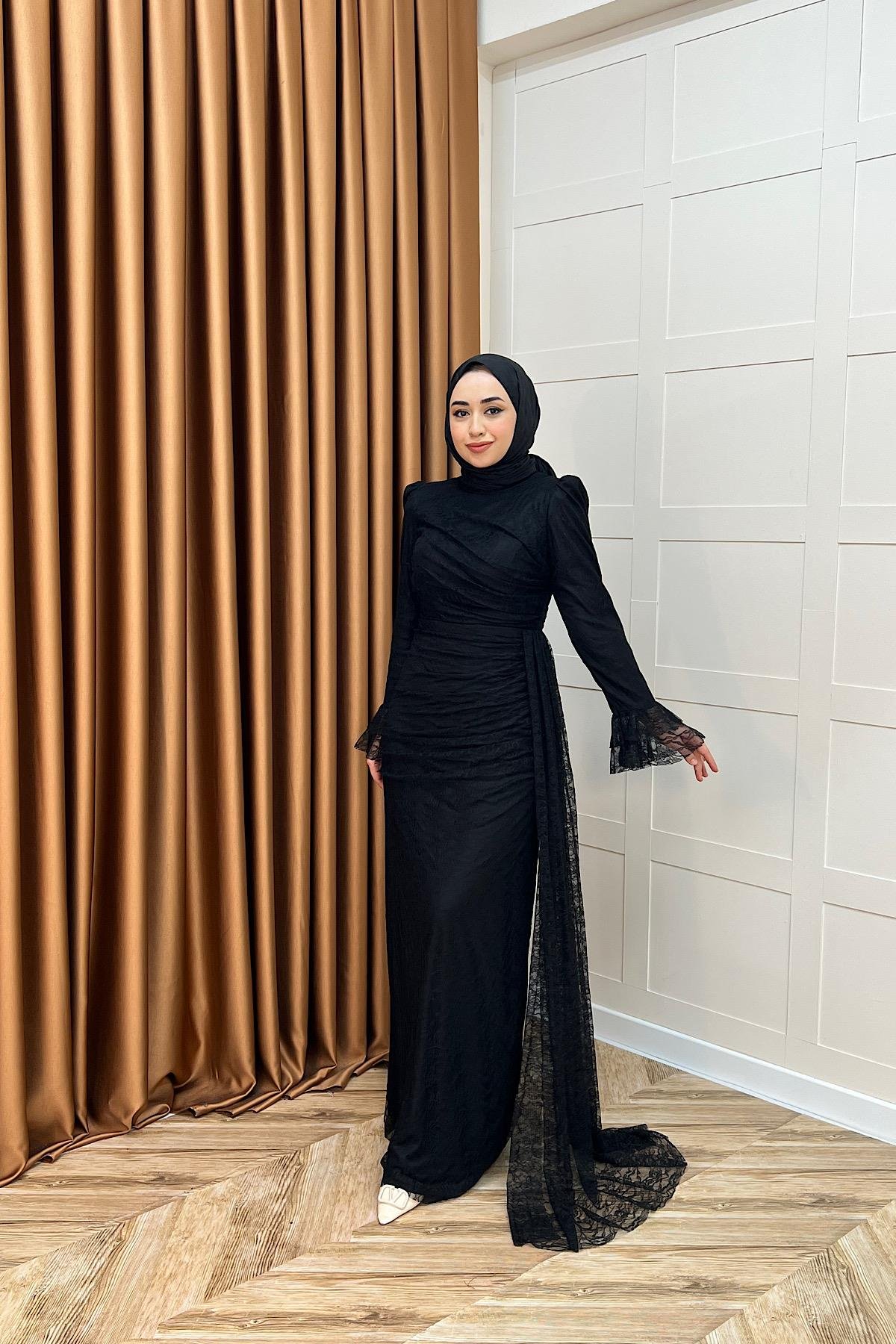 Serena Dantel Balık Abiye Siyah