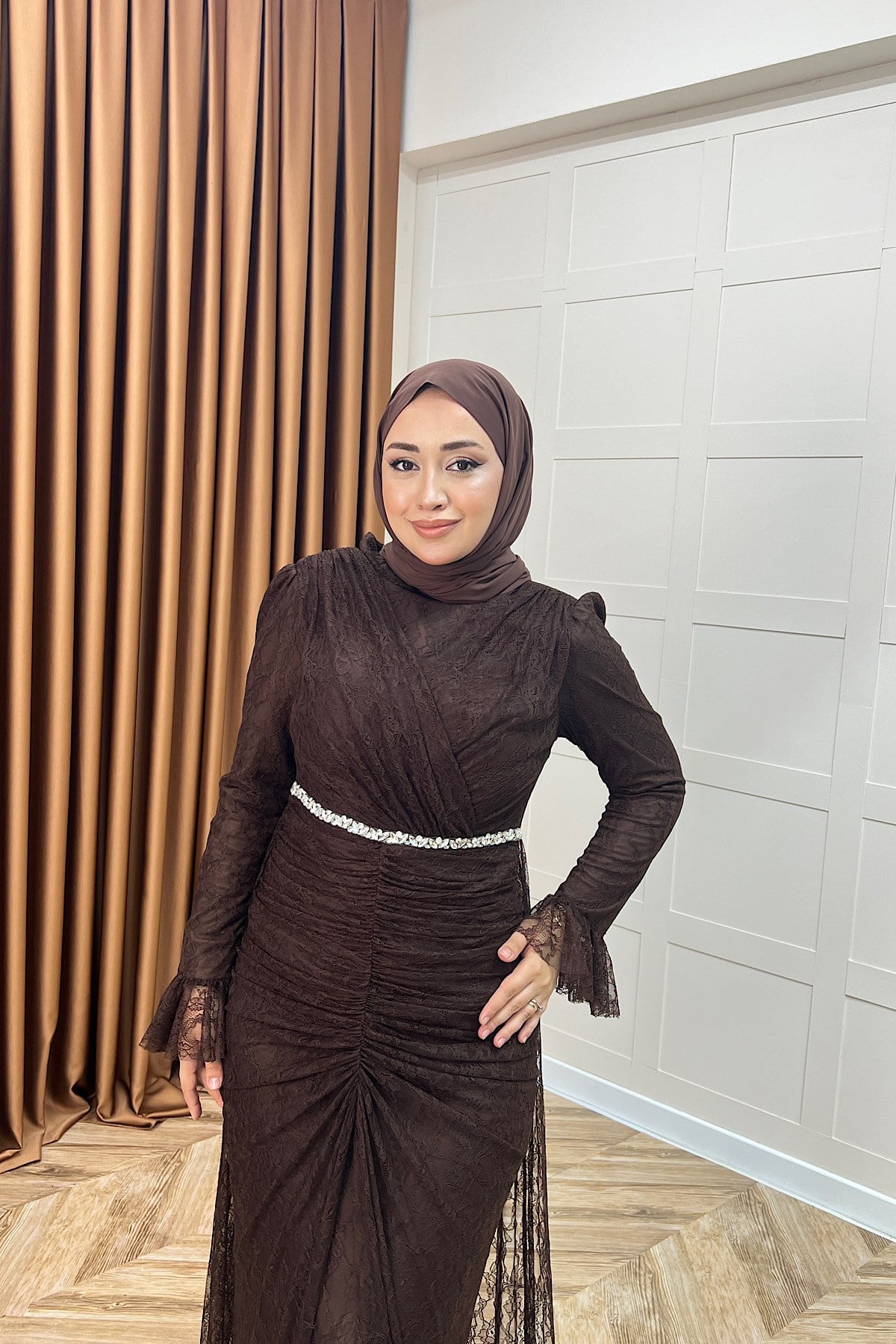 Sofia Taş Detay Dantel Abiye Kahverengi