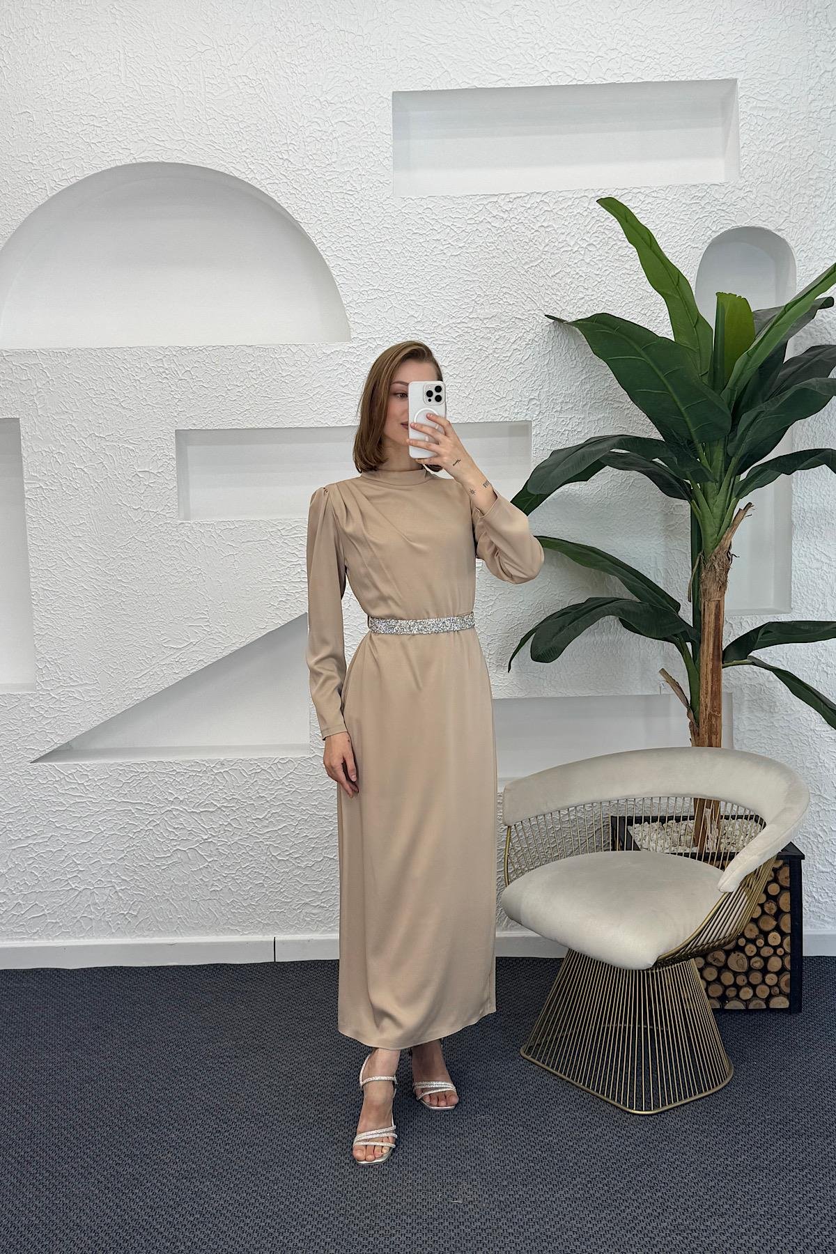 Taş Kemer Saten Abiye Vizon