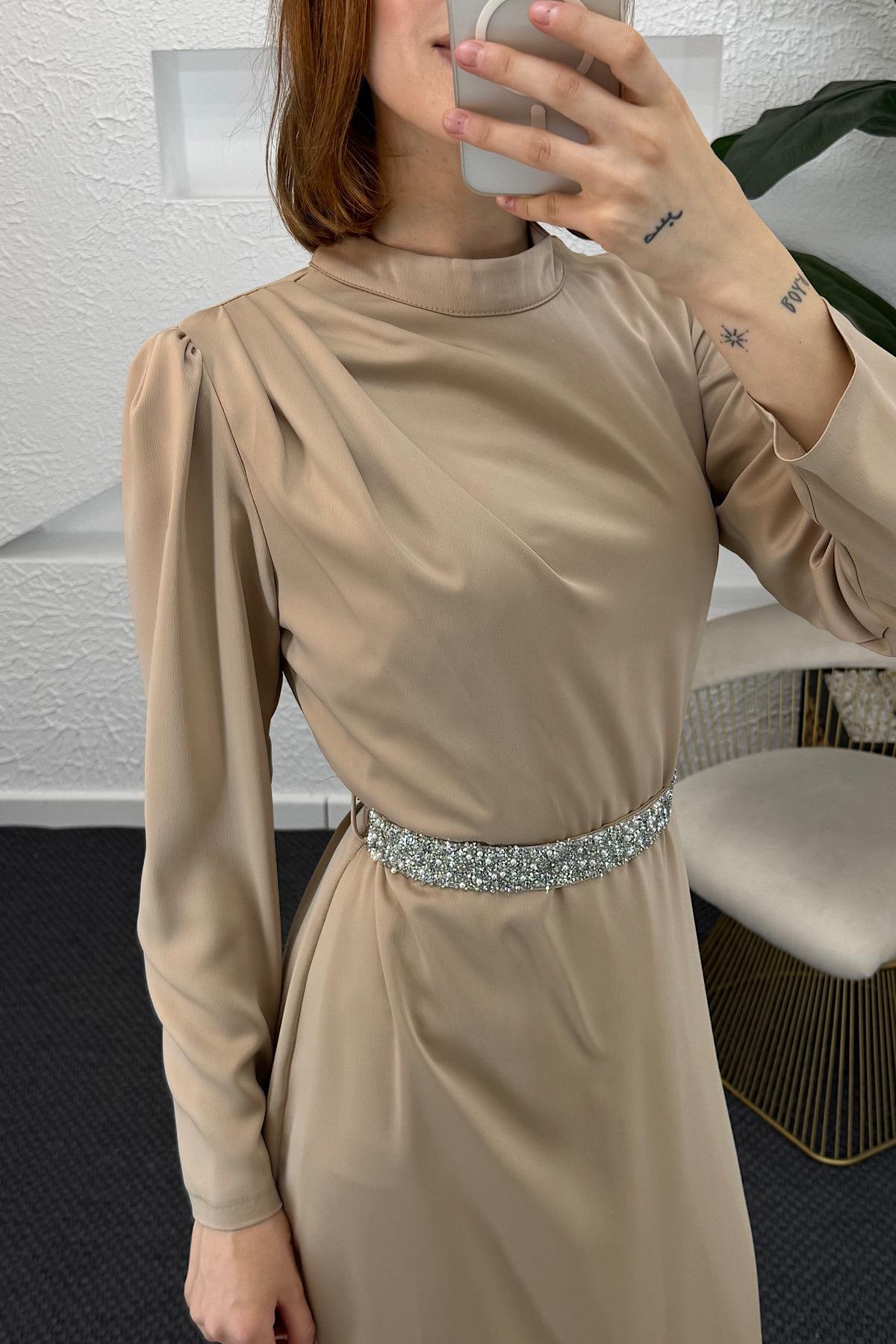 Taş Kemer Saten Abiye Vizon