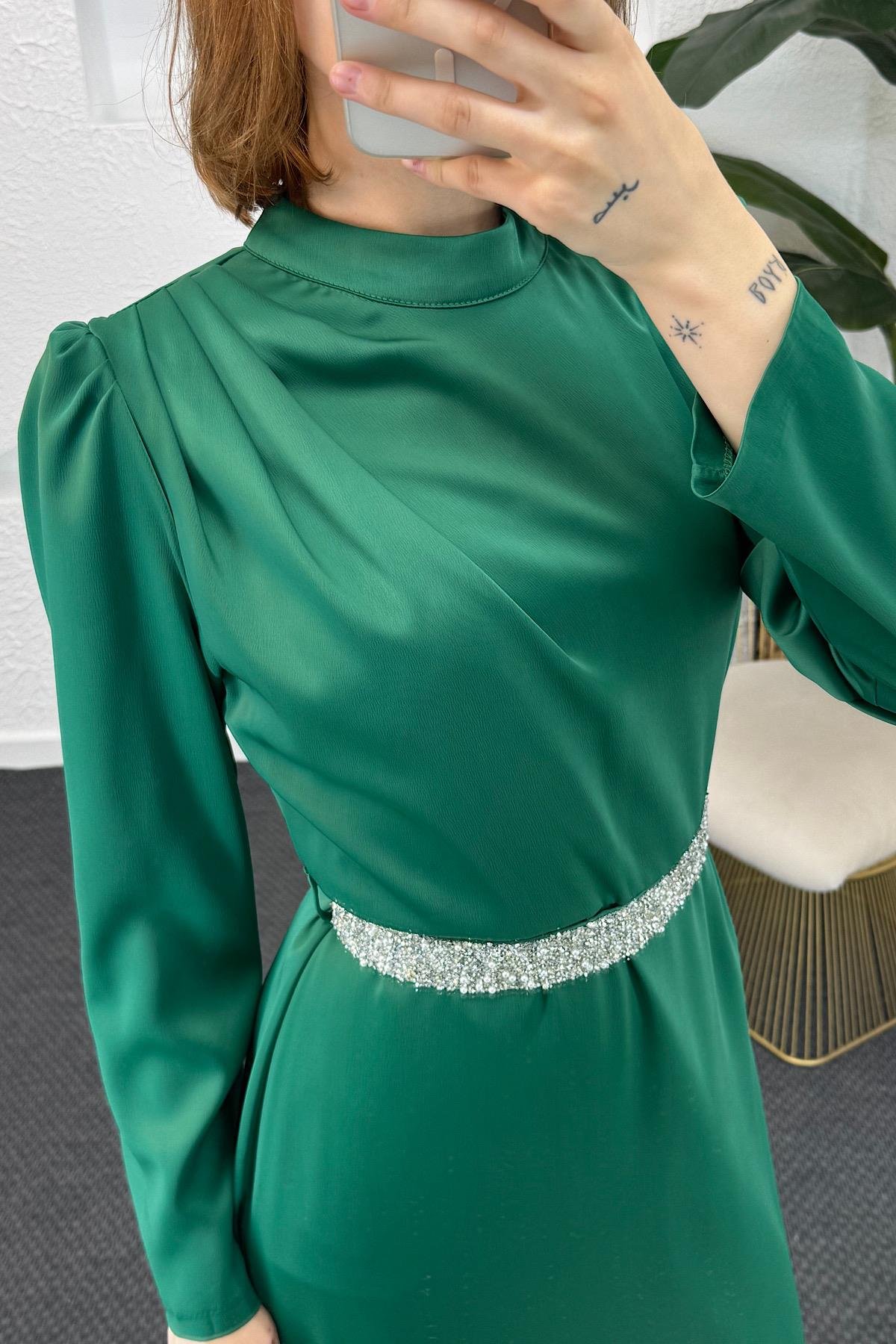 Taş Kemer Saten Abiye Yeşil