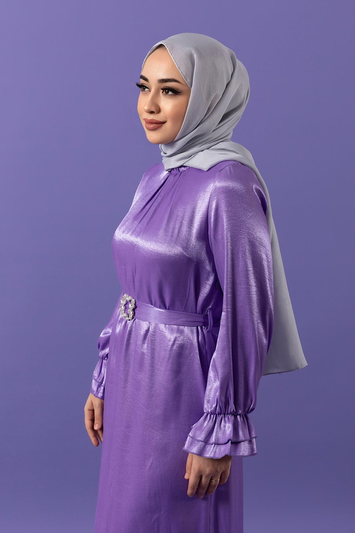 Taş Tokalı Saten Elbise Lila