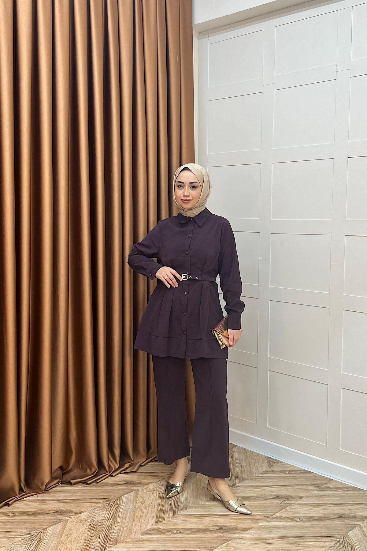 Tuana Belden Kemerli İkili Takım Mürdüm