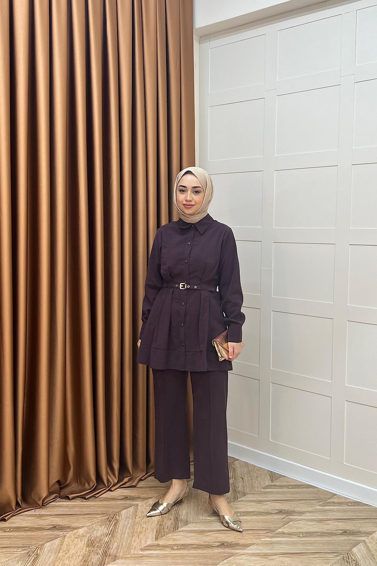 Tuana Belden Kemerli İkili Takım Mürdüm