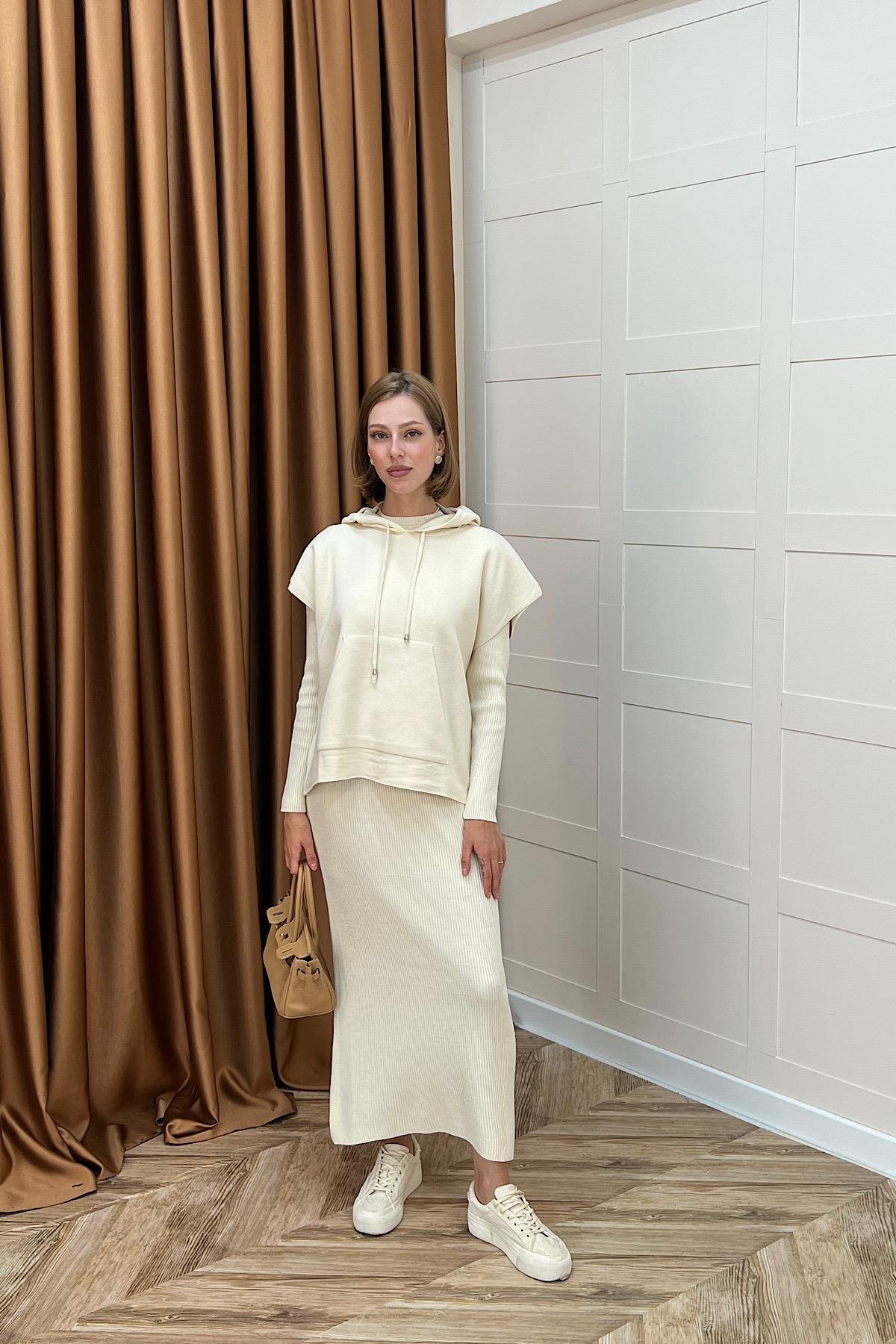 Üst Kapüşonlu İkili Triko Elbise Krem