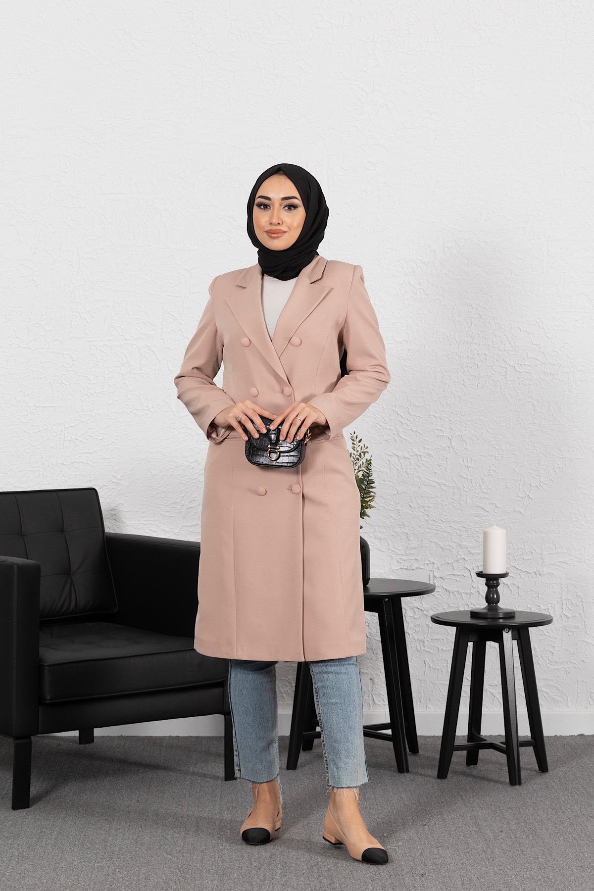 Uzun Blazer Ceket Pudra