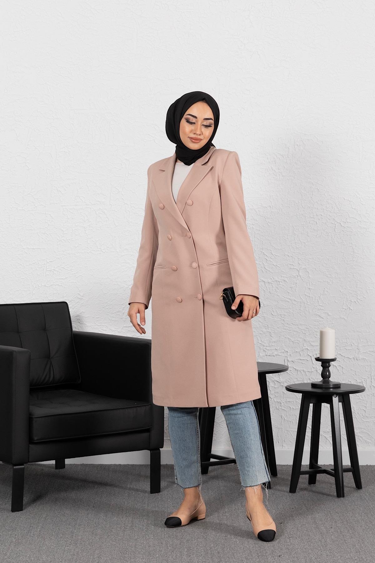 Uzun Blazer Ceket Pudra