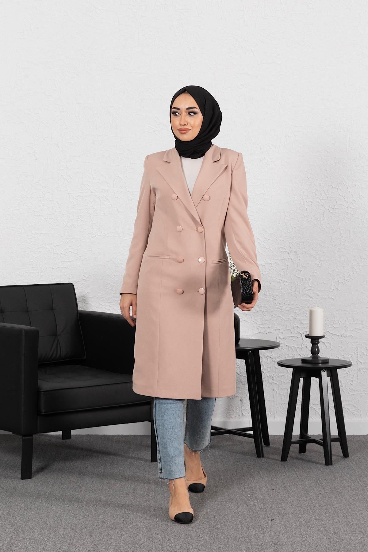 Uzun Blazer Ceket Pudra