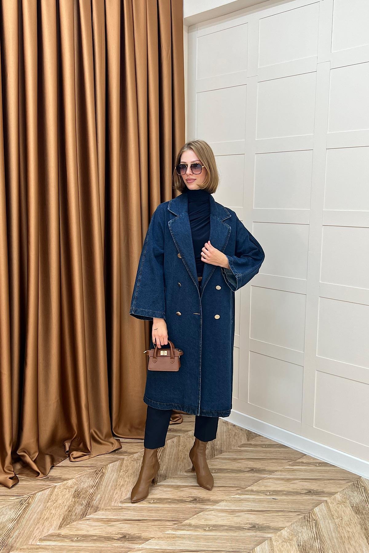 Uzun Denim Ceket Lacivert