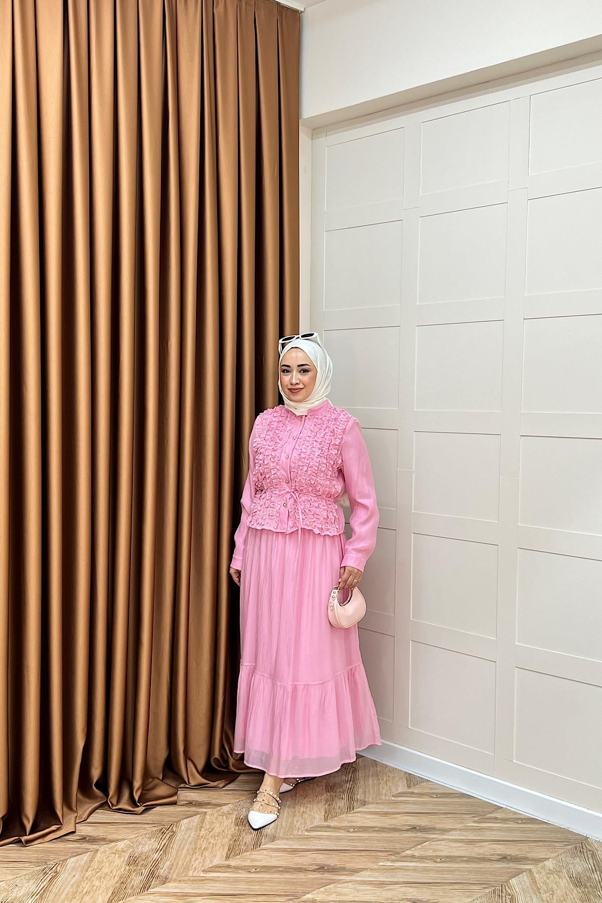 Vera Fırfırlı Etek Takım Pembe