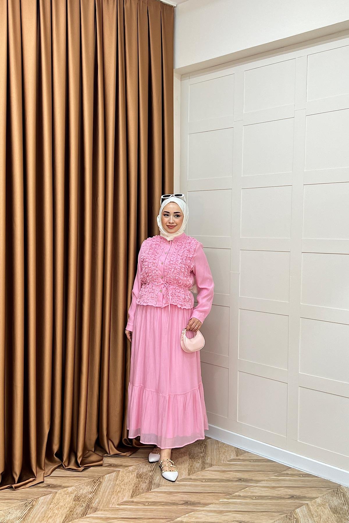 Vera Fırfırlı Etek Takım Pembe