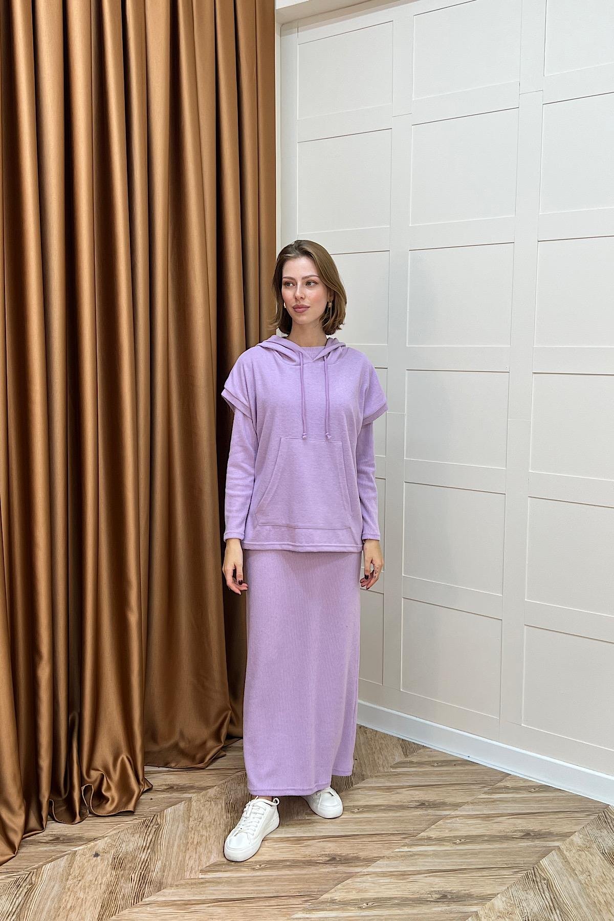 Viyana Kapüşonlu İkili Triko Elbise Lila