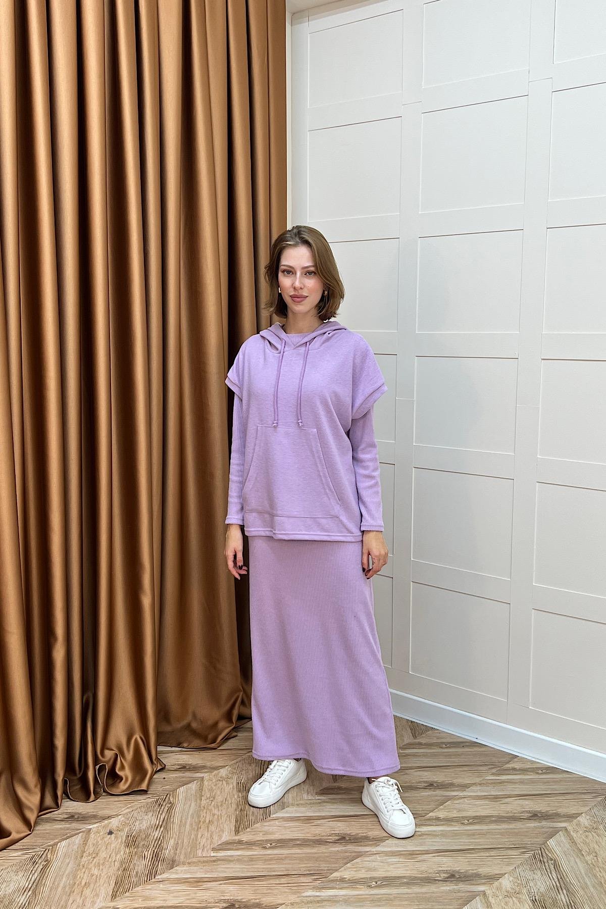 Viyana Kapüşonlu İkili Triko Elbise Lila