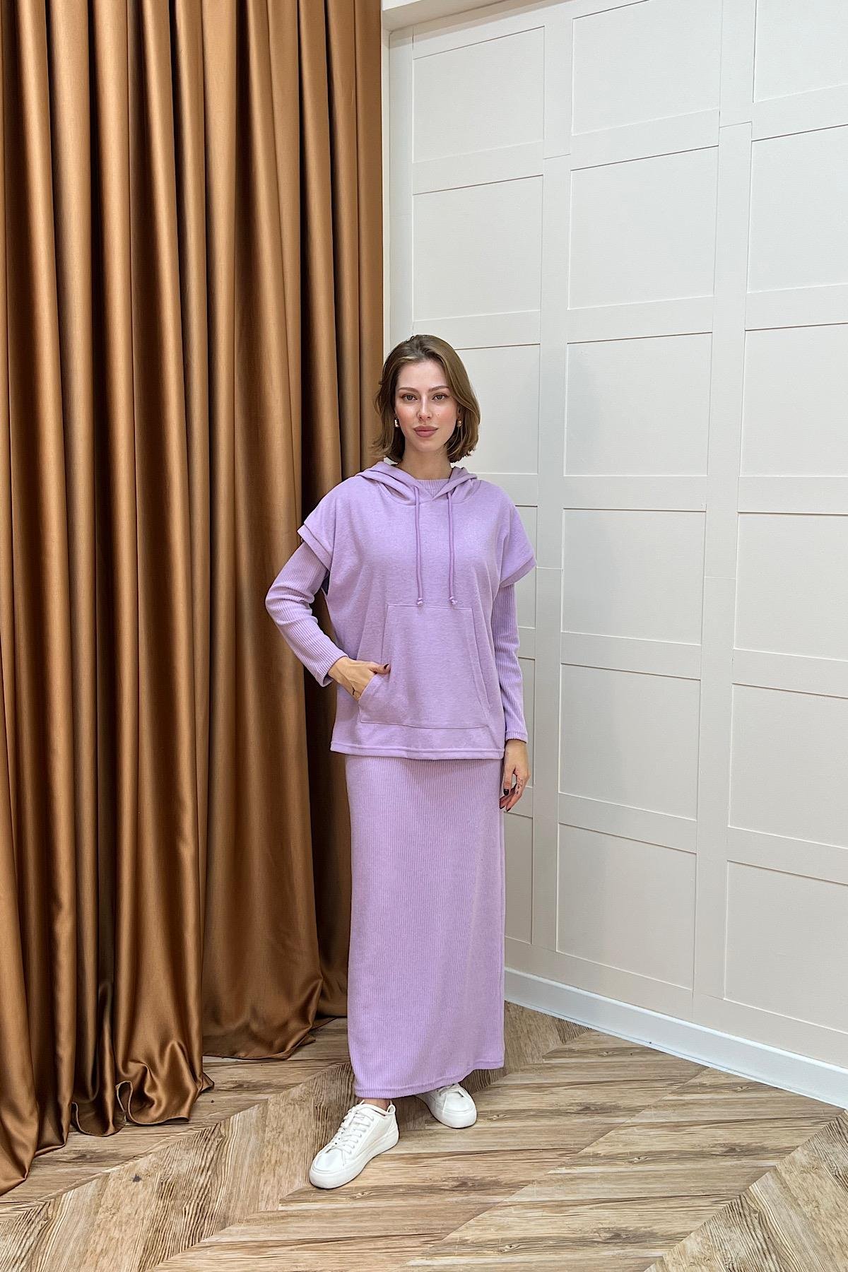 Viyana Kapüşonlu İkili Triko Elbise Lila