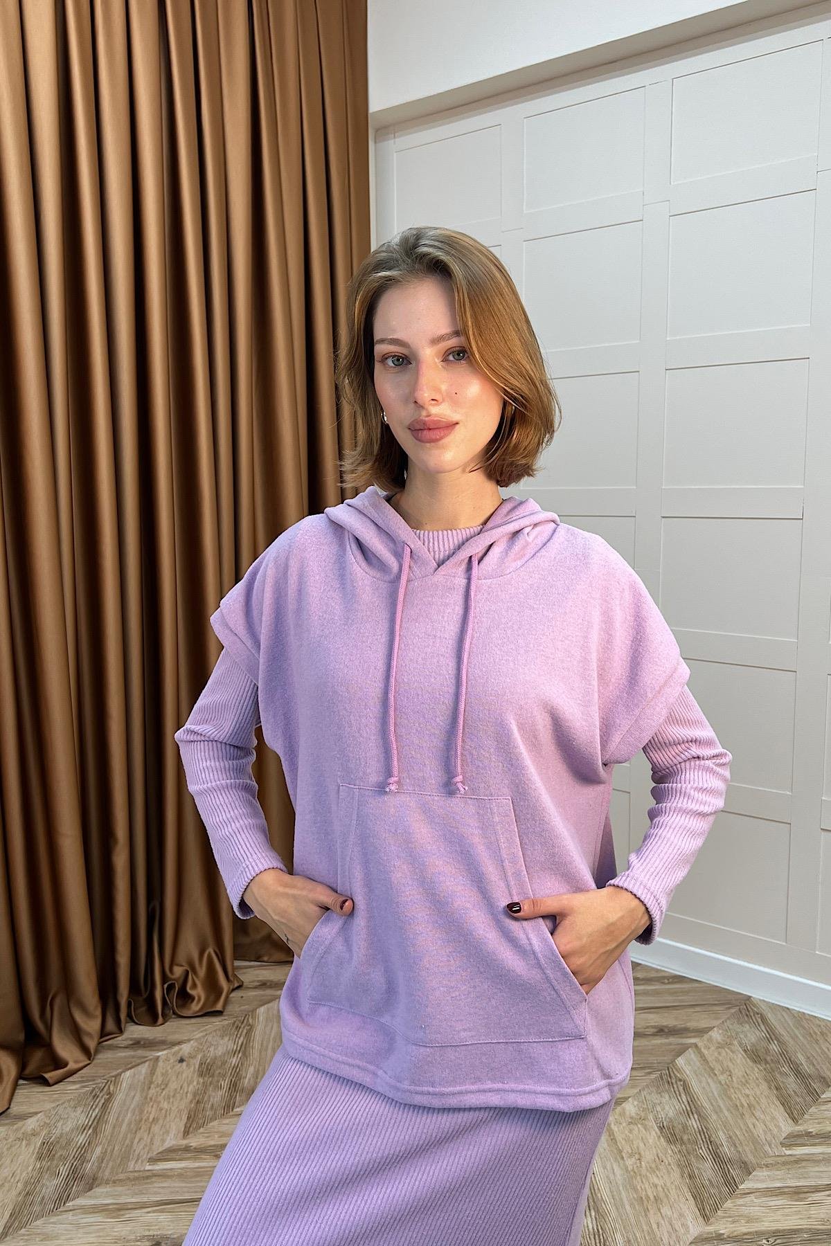 Viyana Kapüşonlu İkili Triko Elbise Lila
