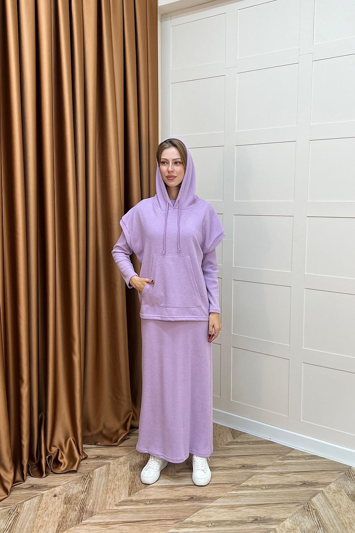 Viyana Kapüşonlu İkili Triko Elbise Lila