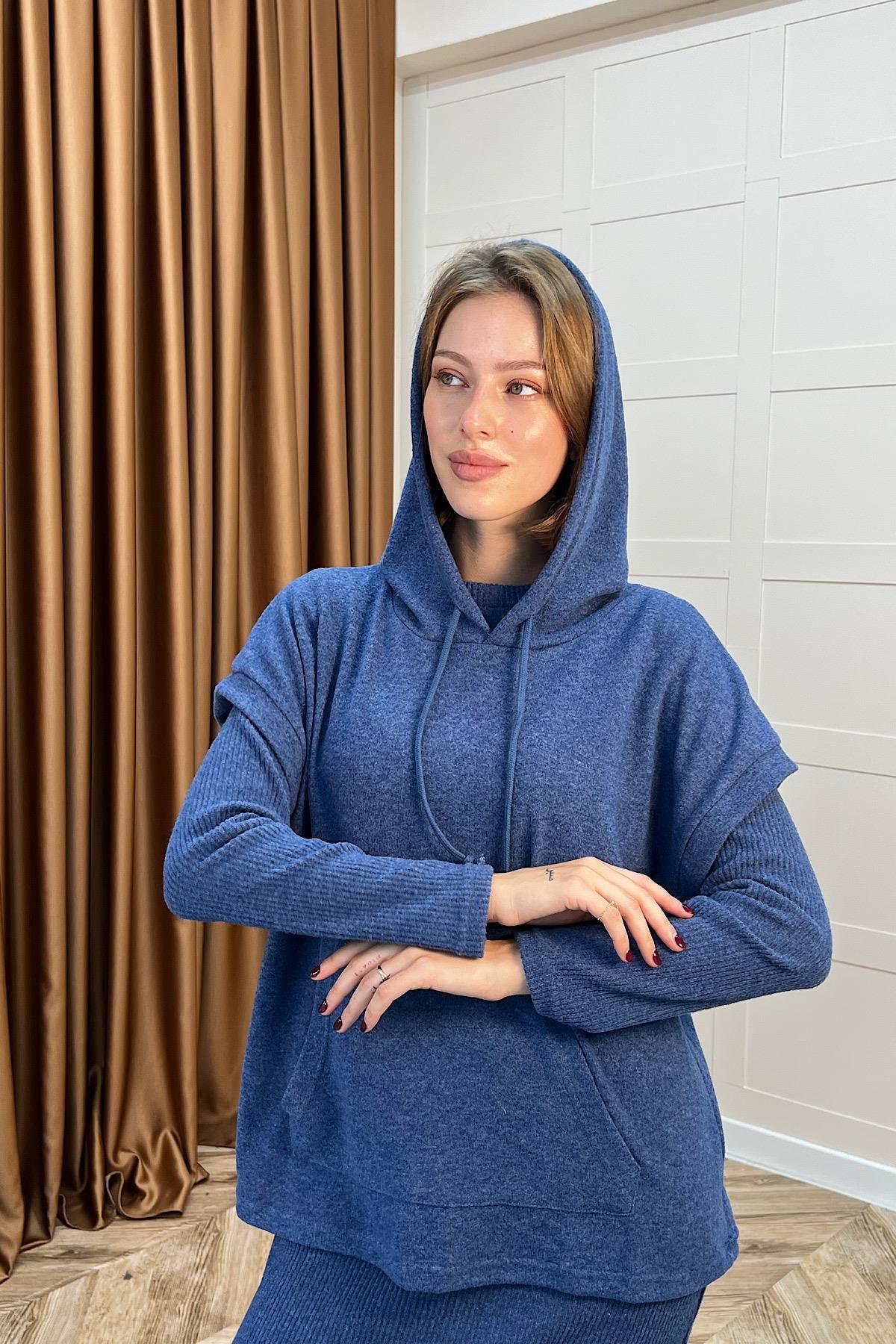 Viyana Kapüşonlu İkili Triko Elbise Mavi